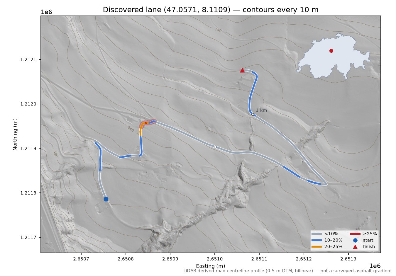 Discovered lane (47.0571, 8.1109) LiDAR hillshade map with contours