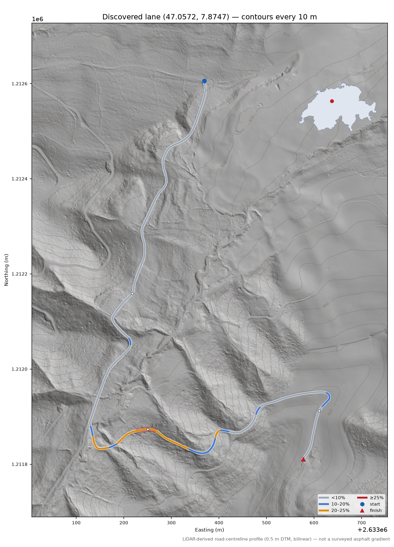 Discovered lane (47.0572, 7.8747) LiDAR hillshade map with contours