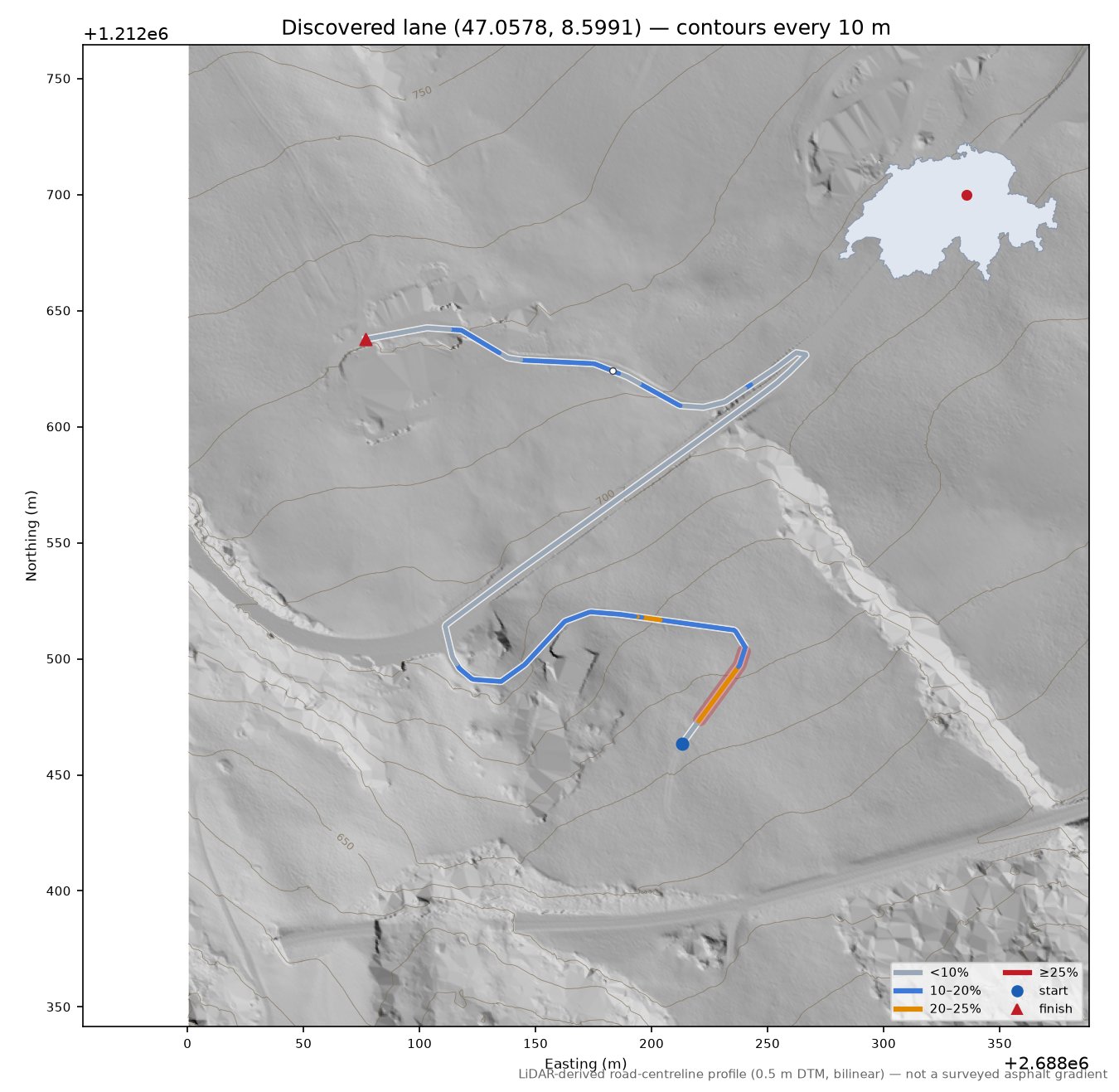 Discovered lane (47.0578, 8.5991) LiDAR hillshade map with contours