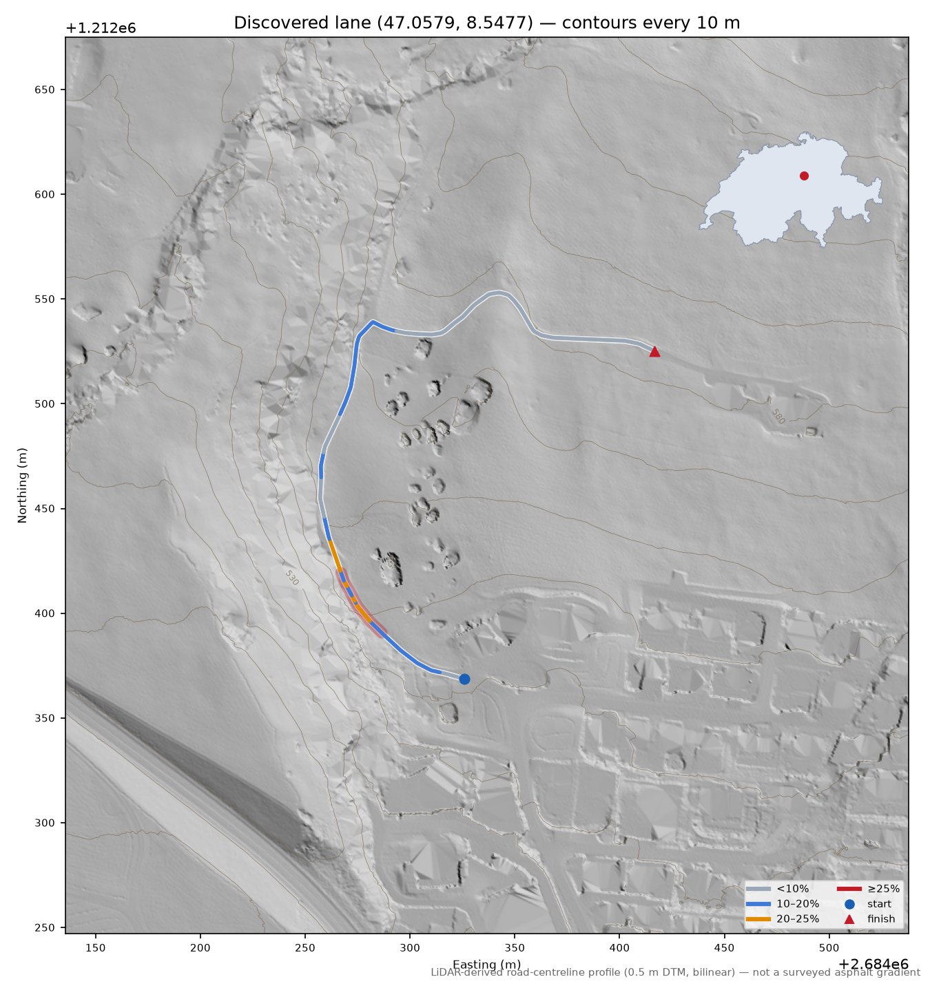 Discovered lane (47.0579, 8.5477) LiDAR hillshade map with contours