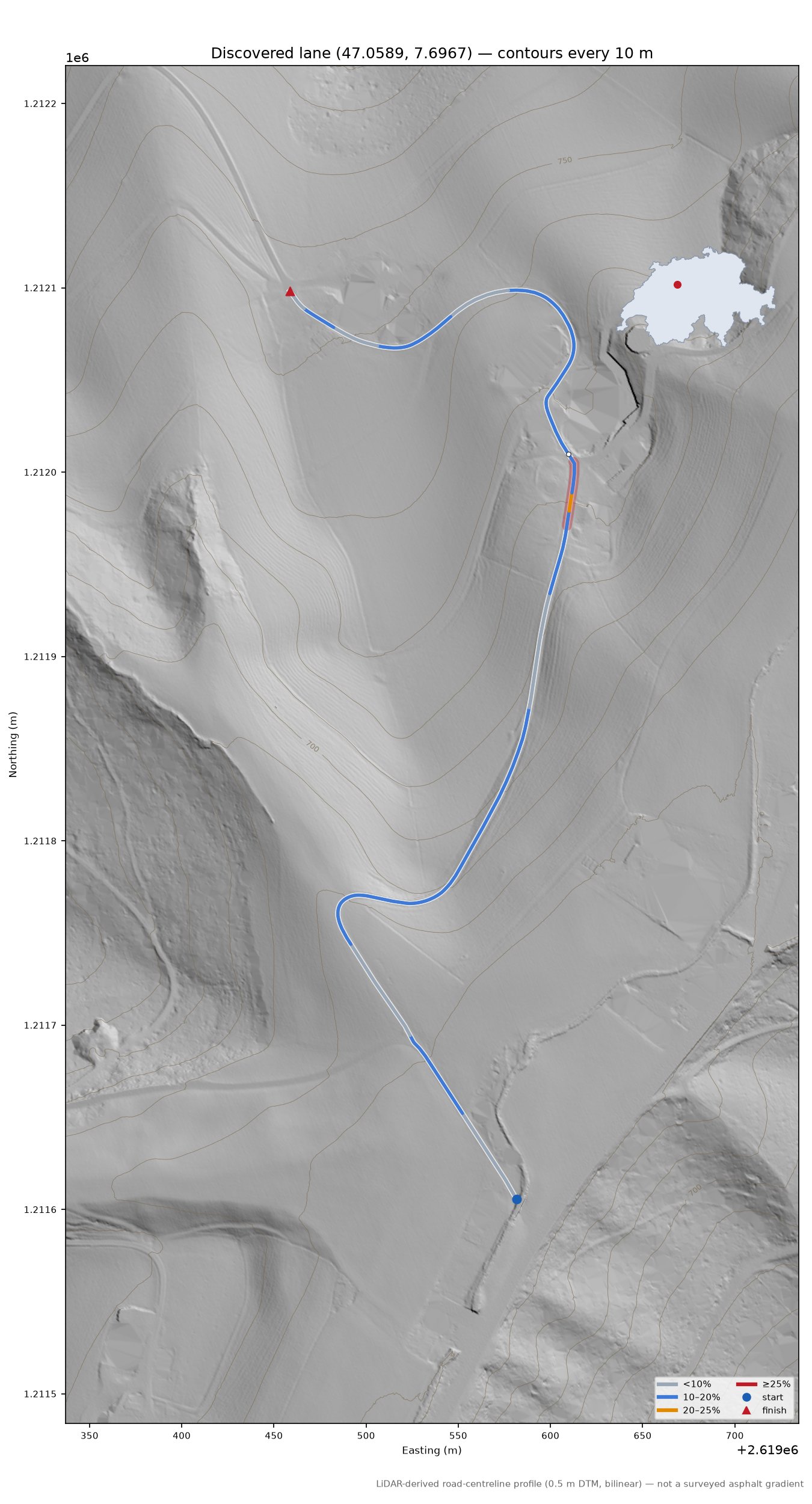 Discovered lane (47.0589, 7.6967) LiDAR hillshade map with contours