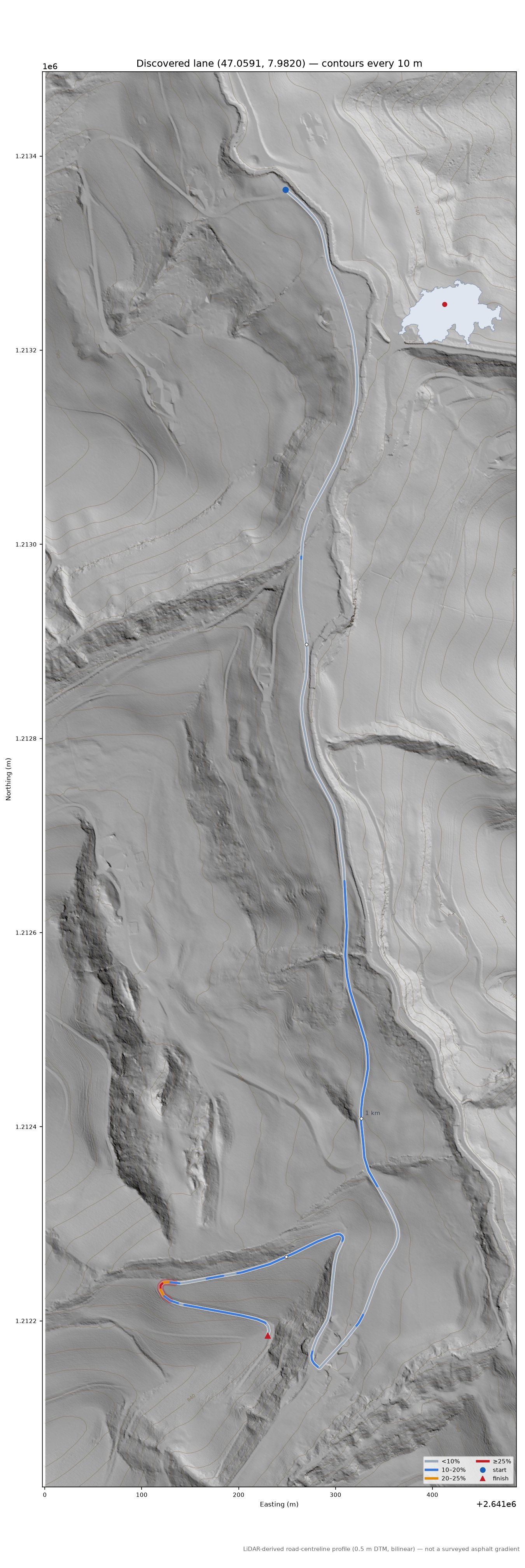 Discovered lane (47.0591, 7.9820) LiDAR hillshade map with contours