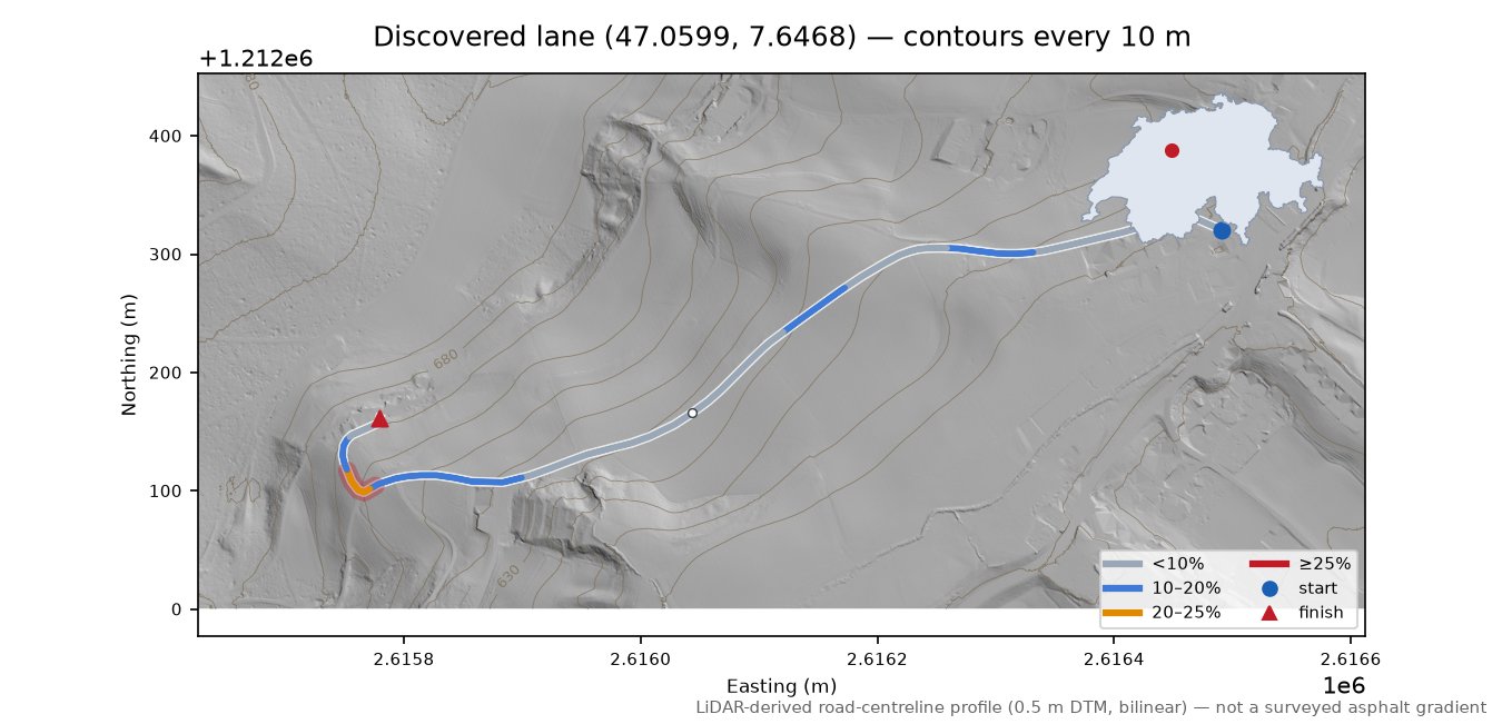Discovered lane (47.0599, 7.6468) LiDAR hillshade map with contours