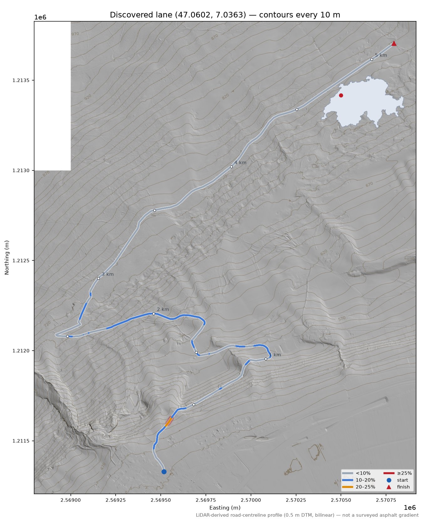 Discovered lane (47.0602, 7.0363) LiDAR hillshade map with contours