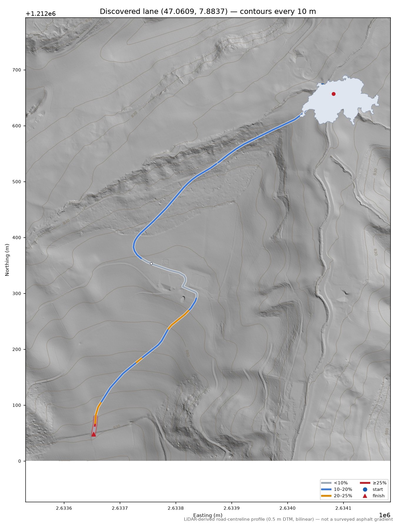 Discovered lane (47.0609, 7.8837) LiDAR hillshade map with contours