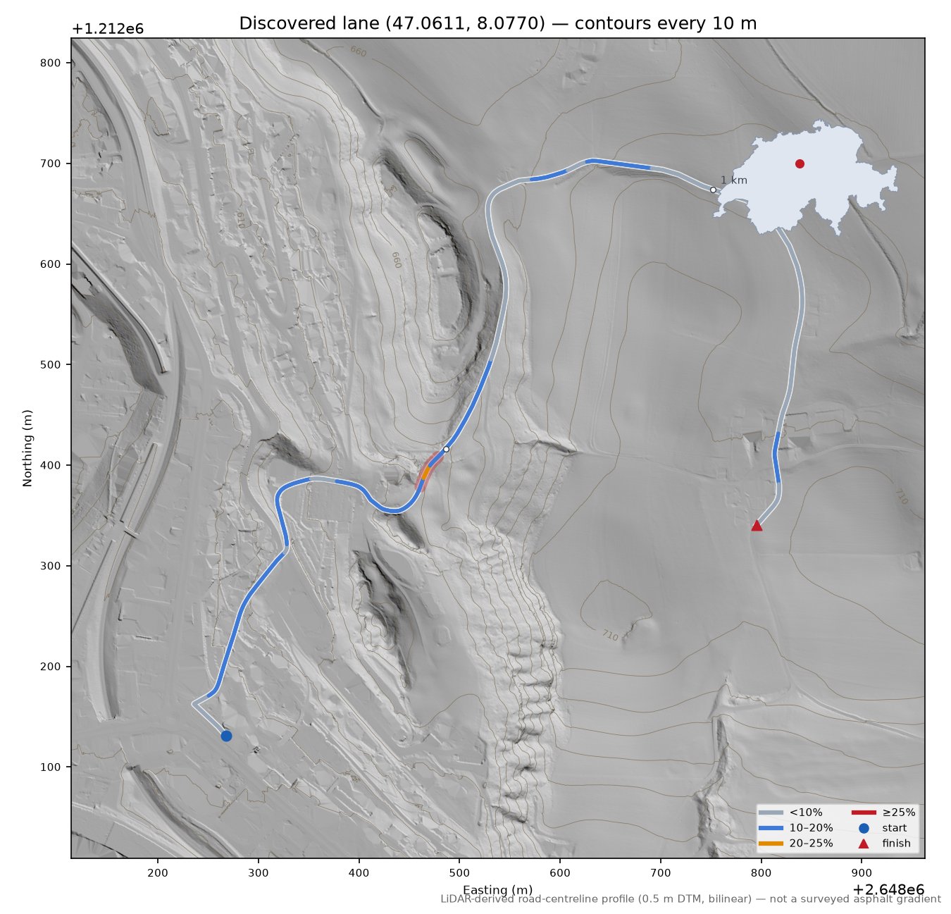 Discovered lane (47.0611, 8.0770) LiDAR hillshade map with contours