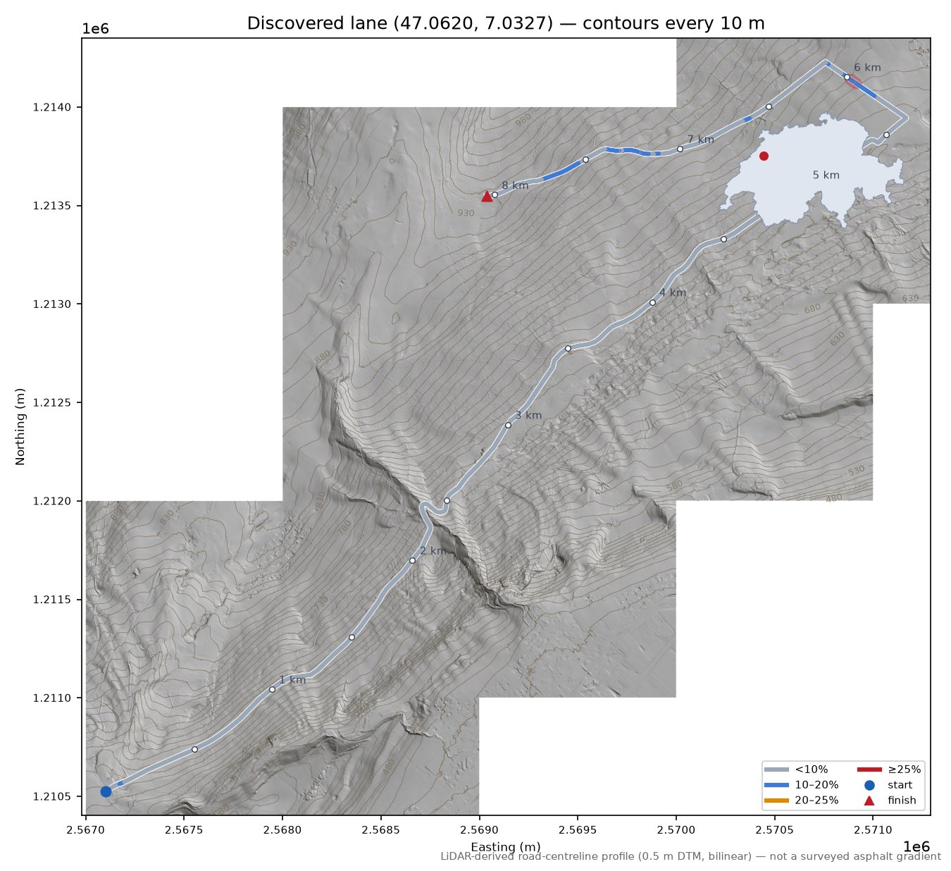 Discovered lane (47.0620, 7.0327) LiDAR hillshade map with contours