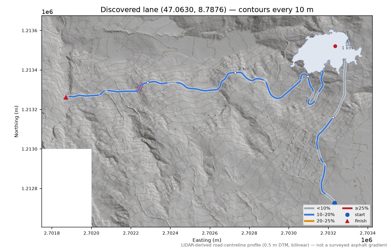 Discovered lane (47.0630, 8.7876) LiDAR hillshade map with contours