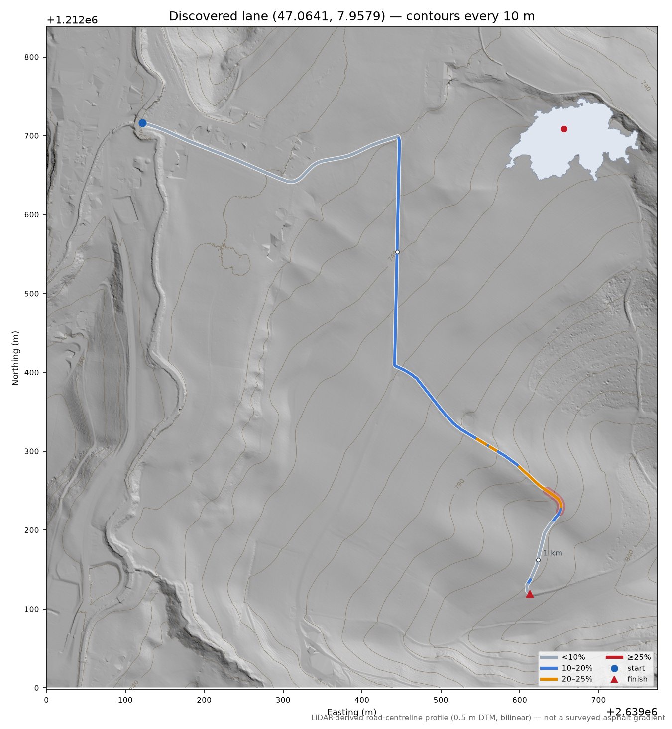 Discovered lane (47.0641, 7.9579) LiDAR hillshade map with contours