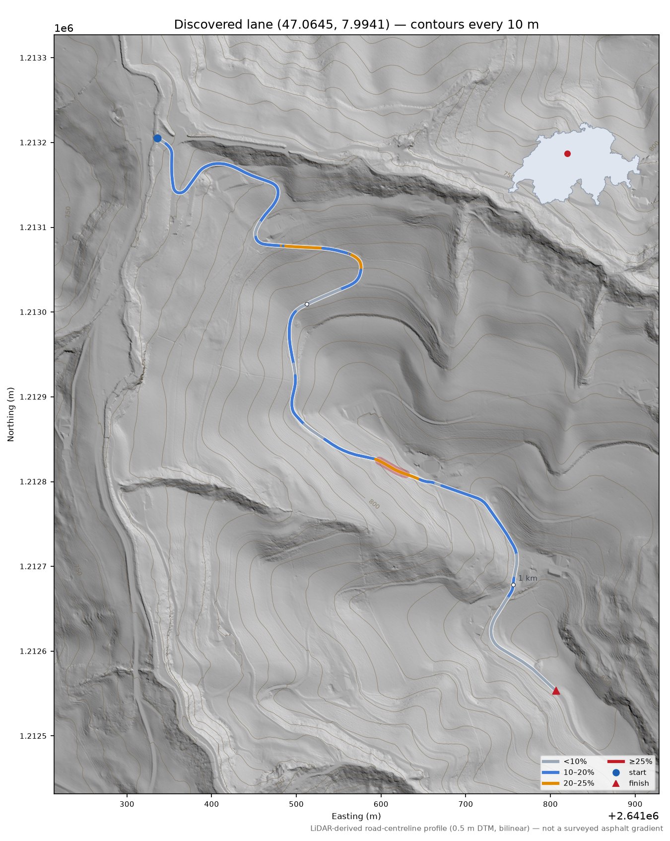 Discovered lane (47.0645, 7.9941) LiDAR hillshade map with contours