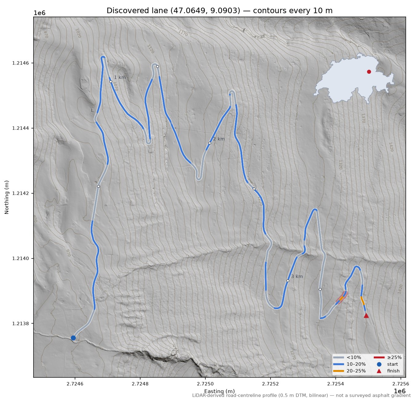 Discovered lane (47.0649, 9.0903) LiDAR hillshade map with contours