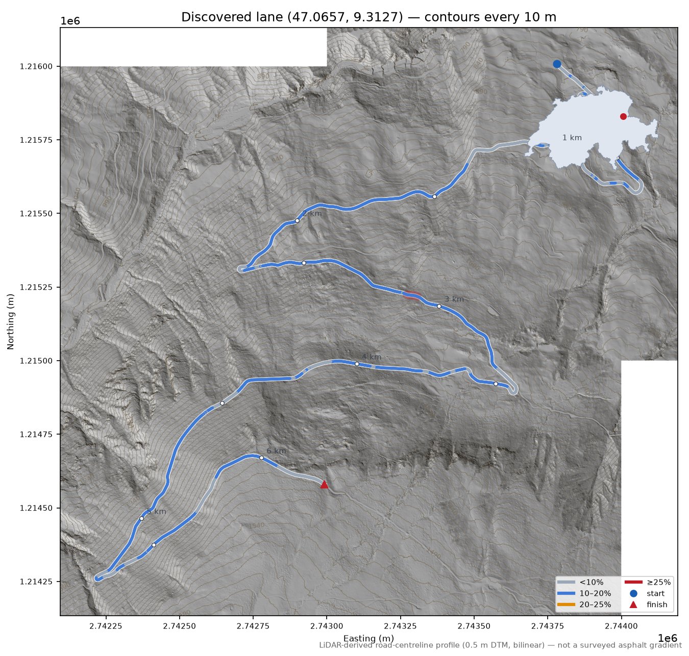 Discovered lane (47.0657, 9.3127) LiDAR hillshade map with contours