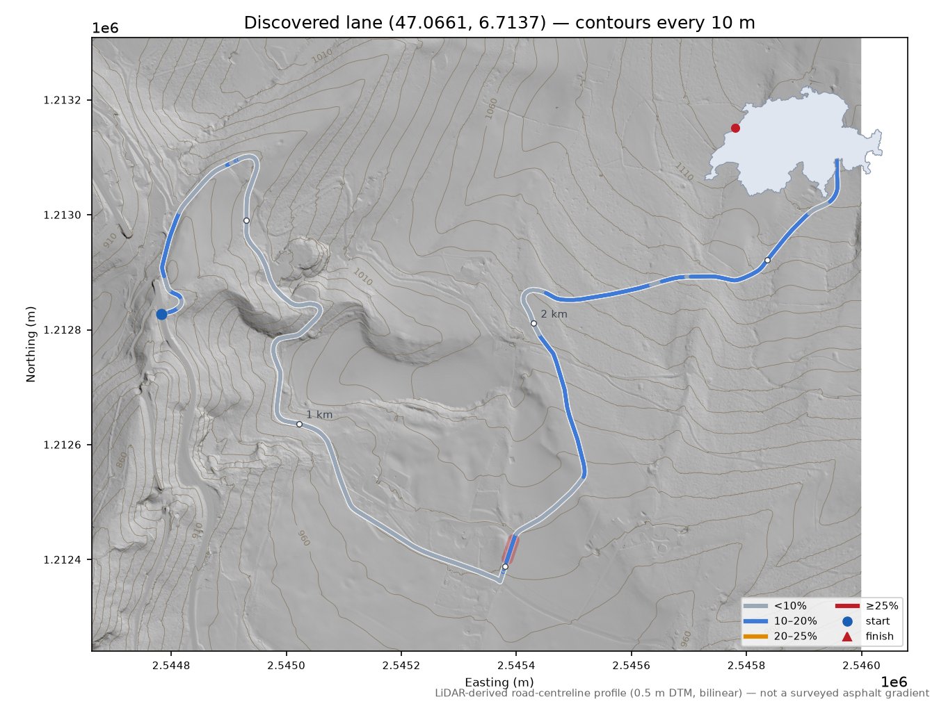 Discovered lane (47.0661, 6.7137) LiDAR hillshade map with contours