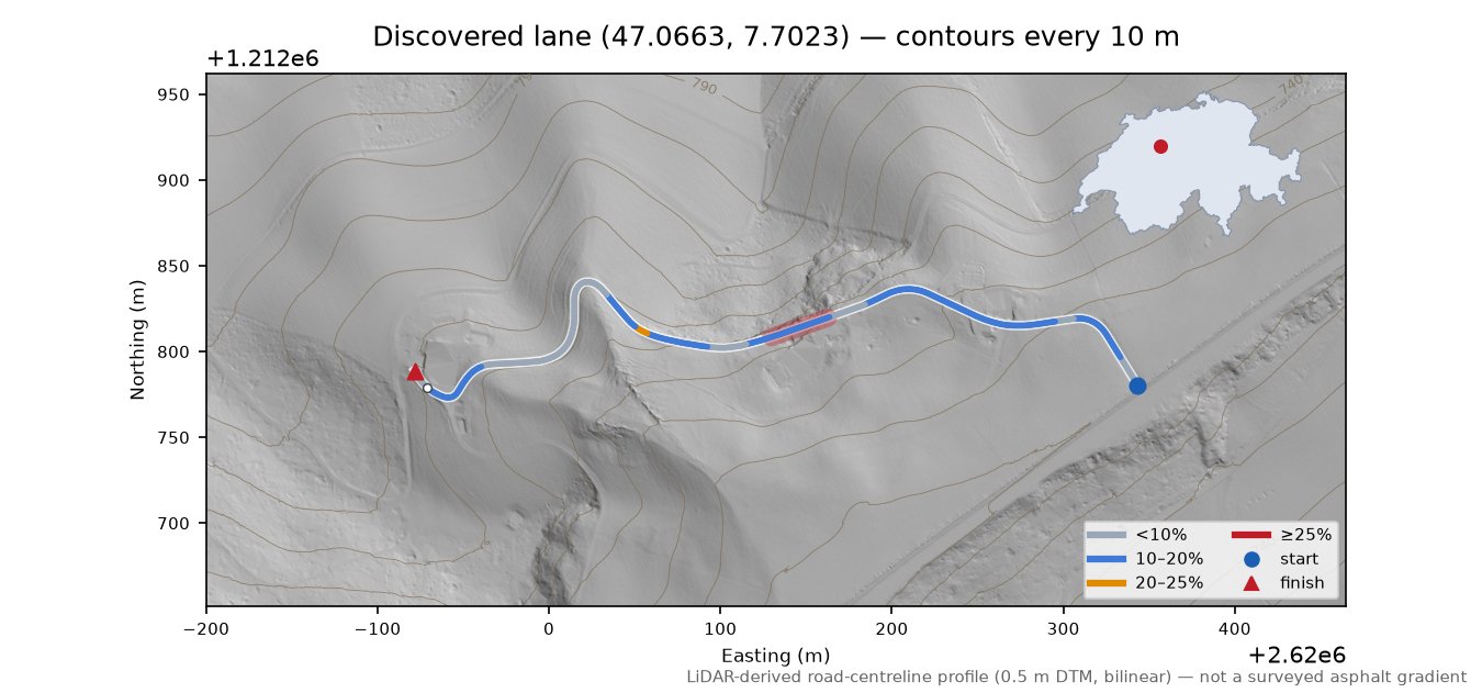 Discovered lane (47.0663, 7.7023) LiDAR hillshade map with contours