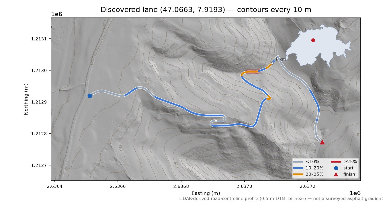 Discovered lane (47.0663, 7.9193) LiDAR hillshade map with contours
