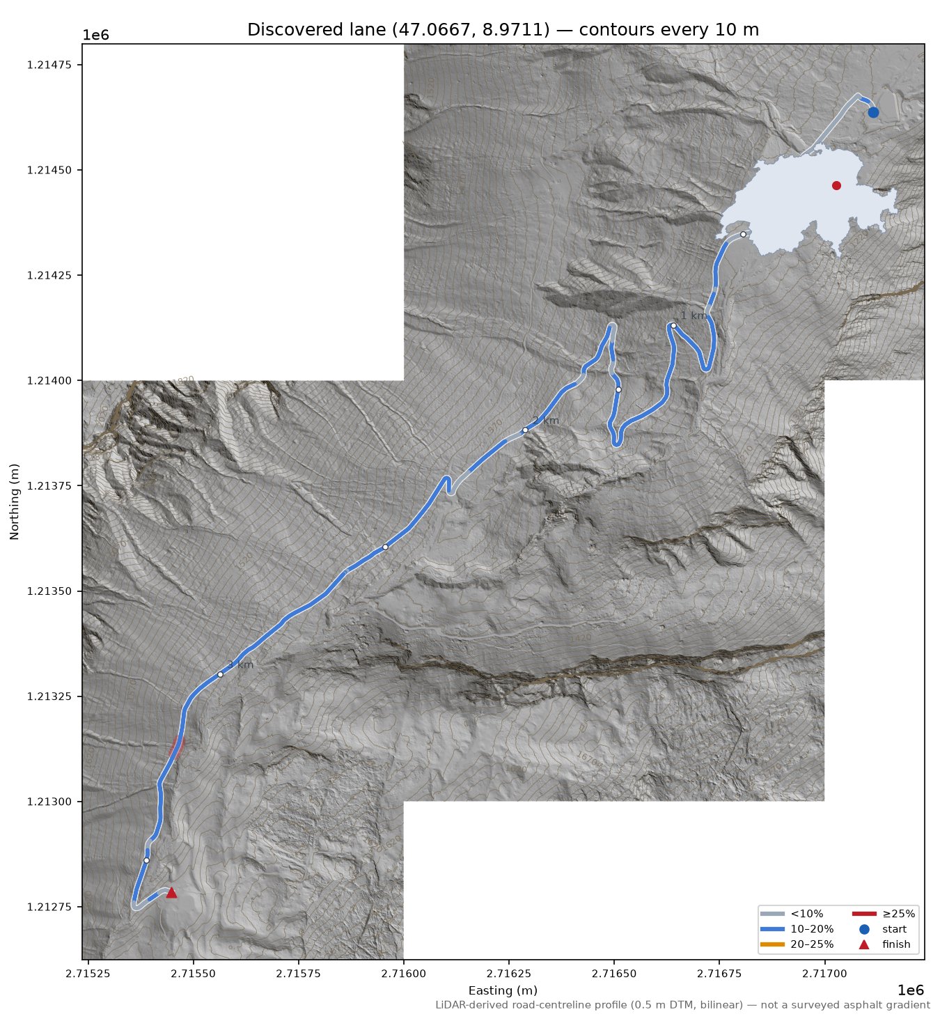 Discovered lane (47.0667, 8.9711) LiDAR hillshade map with contours