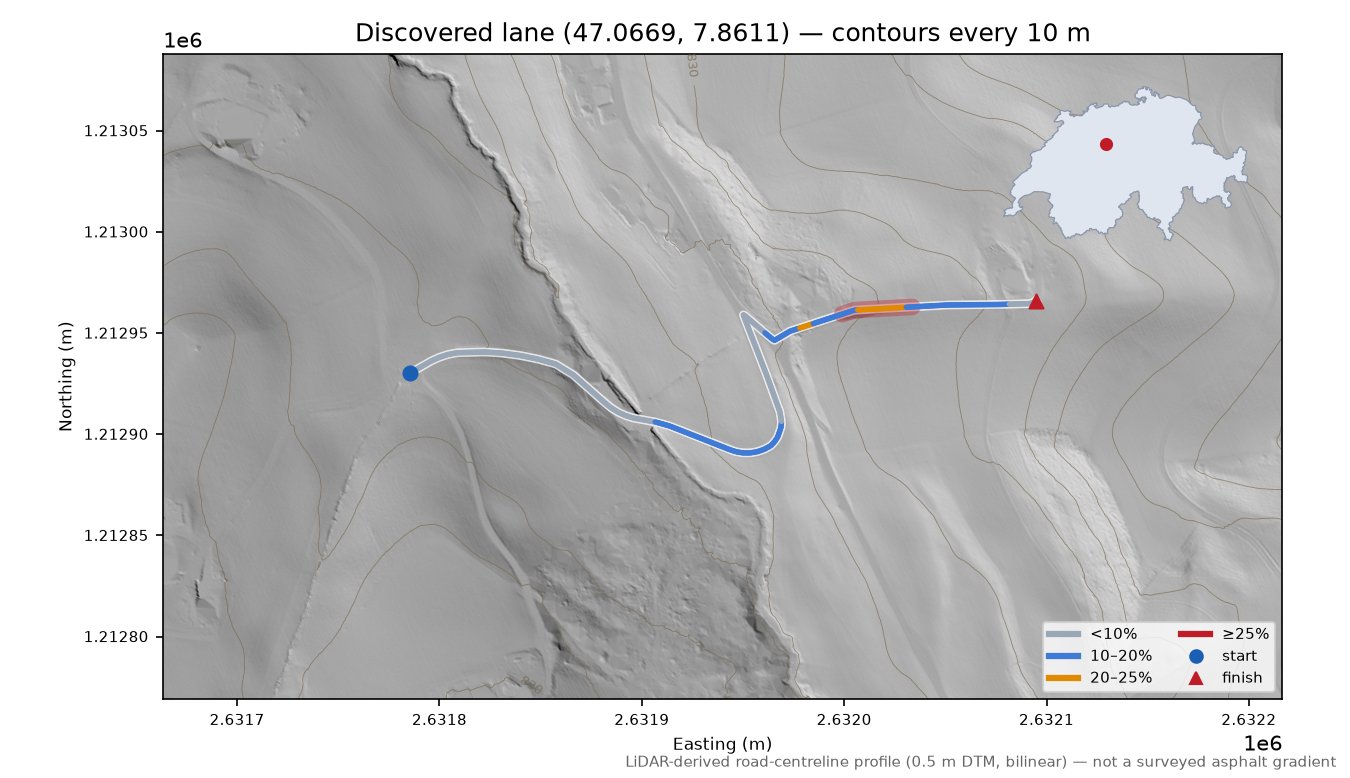 Discovered lane (47.0669, 7.8611) LiDAR hillshade map with contours