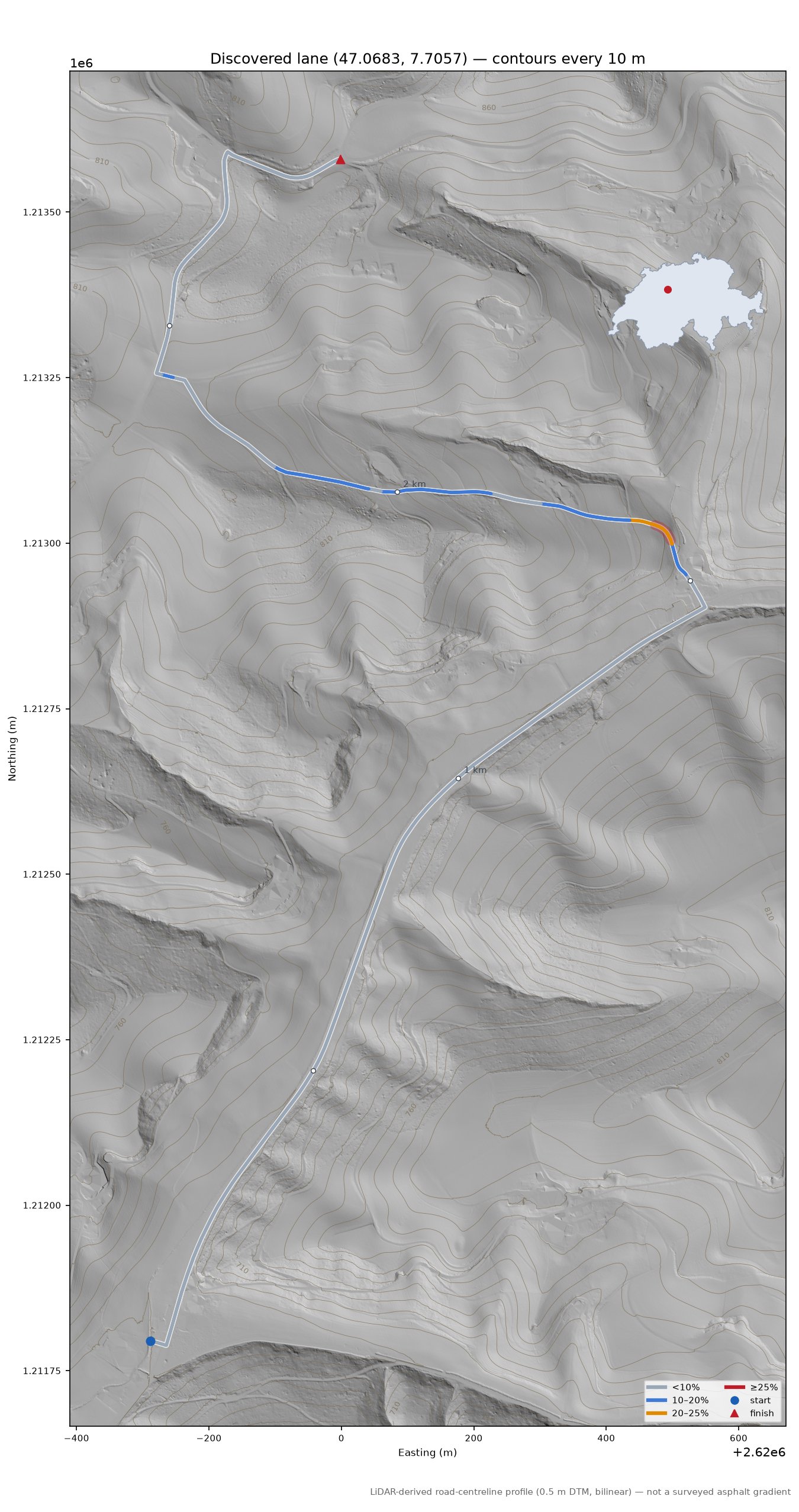 Discovered lane (47.0683, 7.7057) LiDAR hillshade map with contours