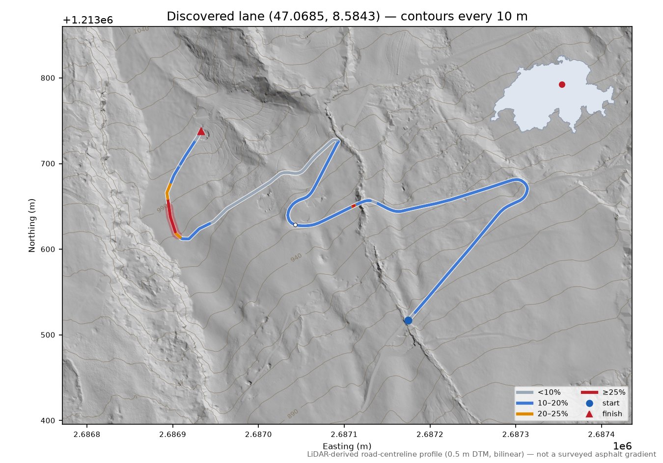 Discovered lane (47.0685, 8.5843) LiDAR hillshade map with contours