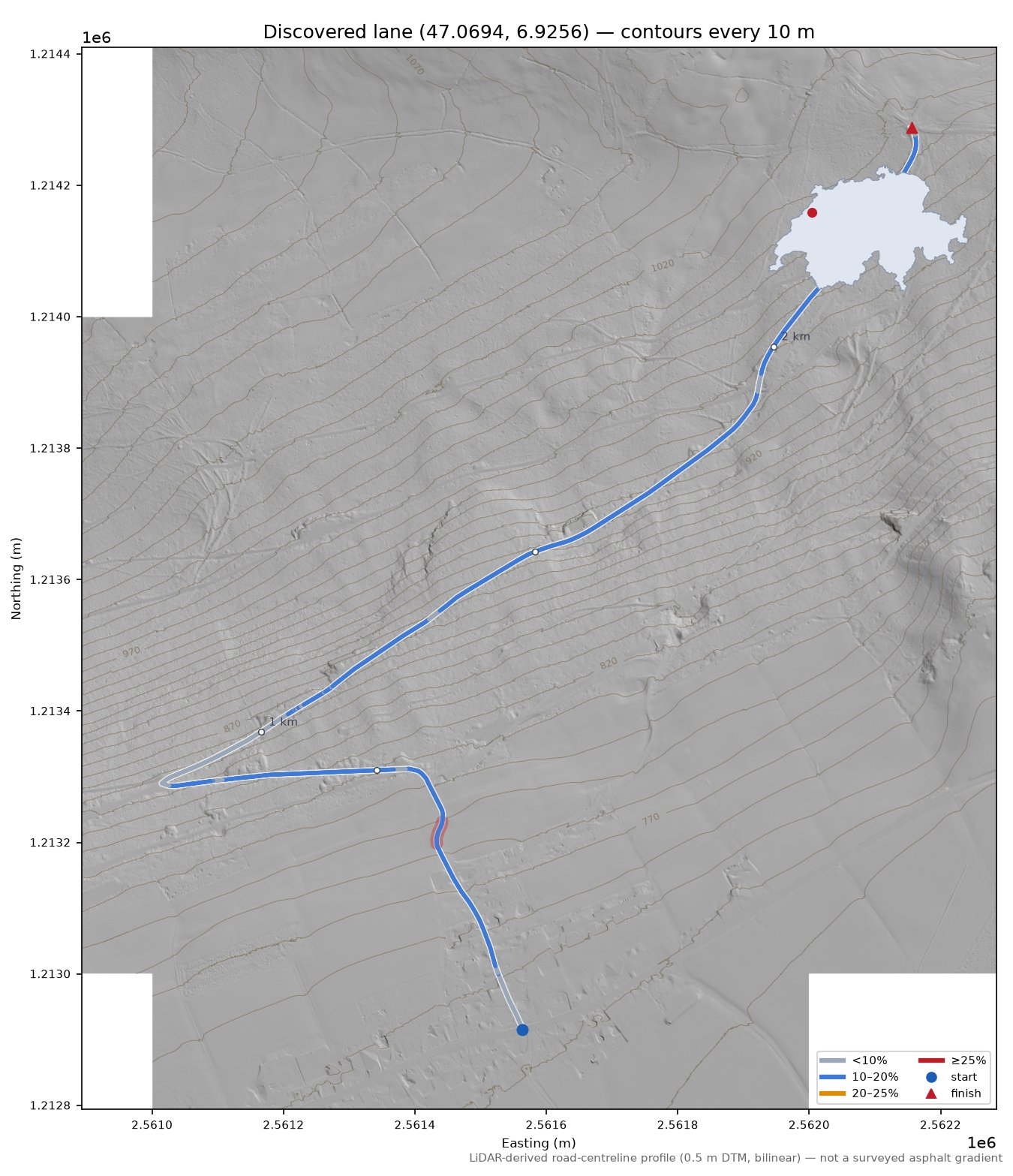 Discovered lane (47.0694, 6.9256) LiDAR hillshade map with contours