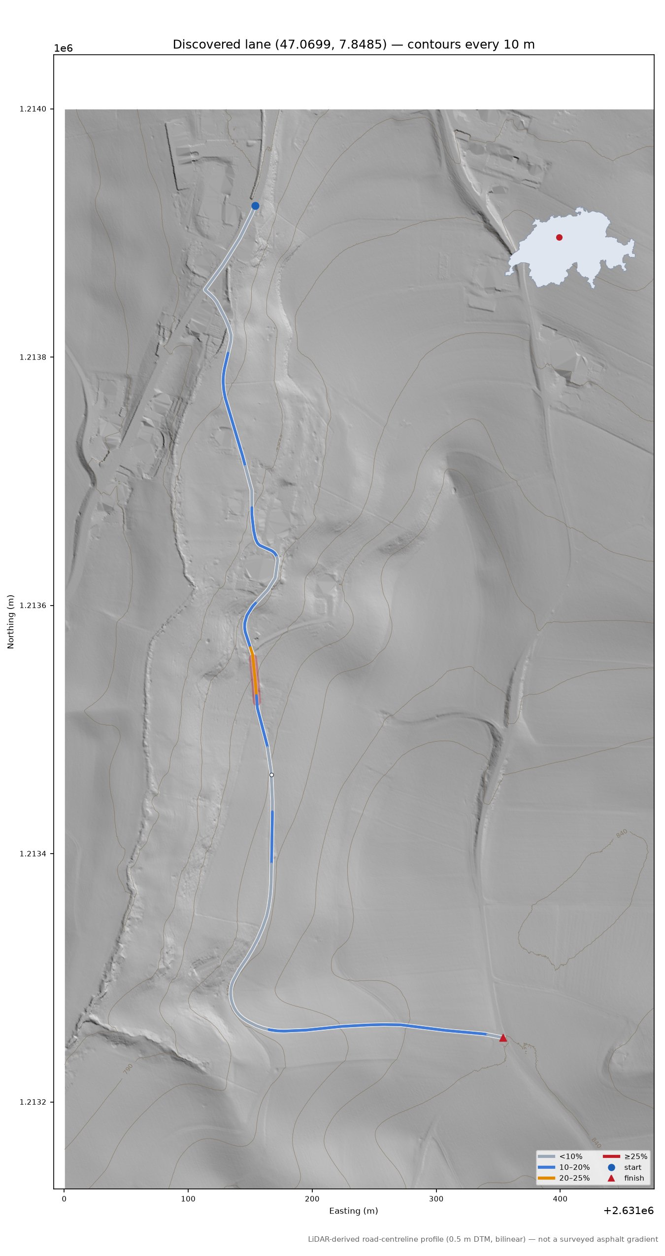 Discovered lane (47.0699, 7.8485) LiDAR hillshade map with contours