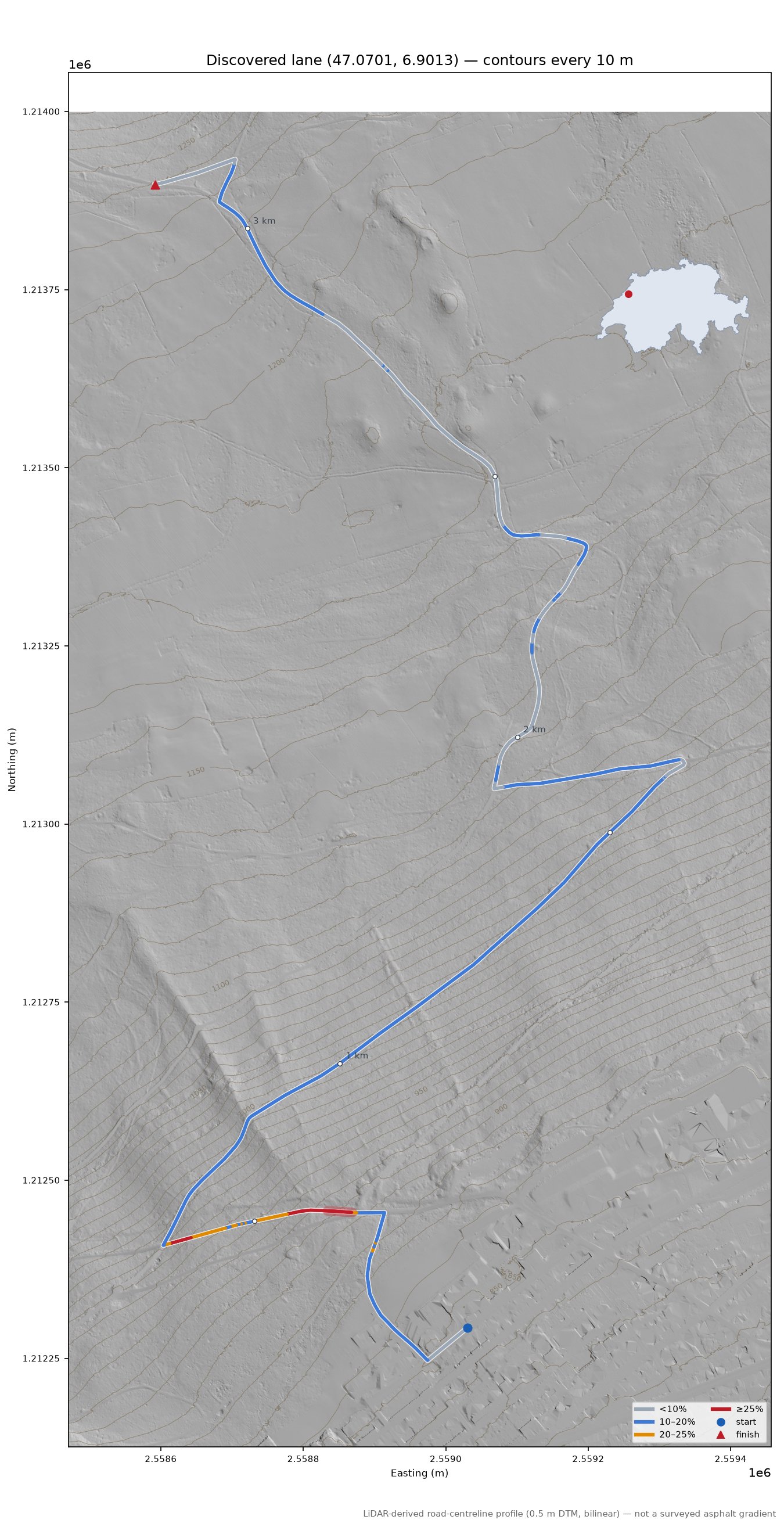 Discovered lane (47.0701, 6.9013) LiDAR hillshade map with contours