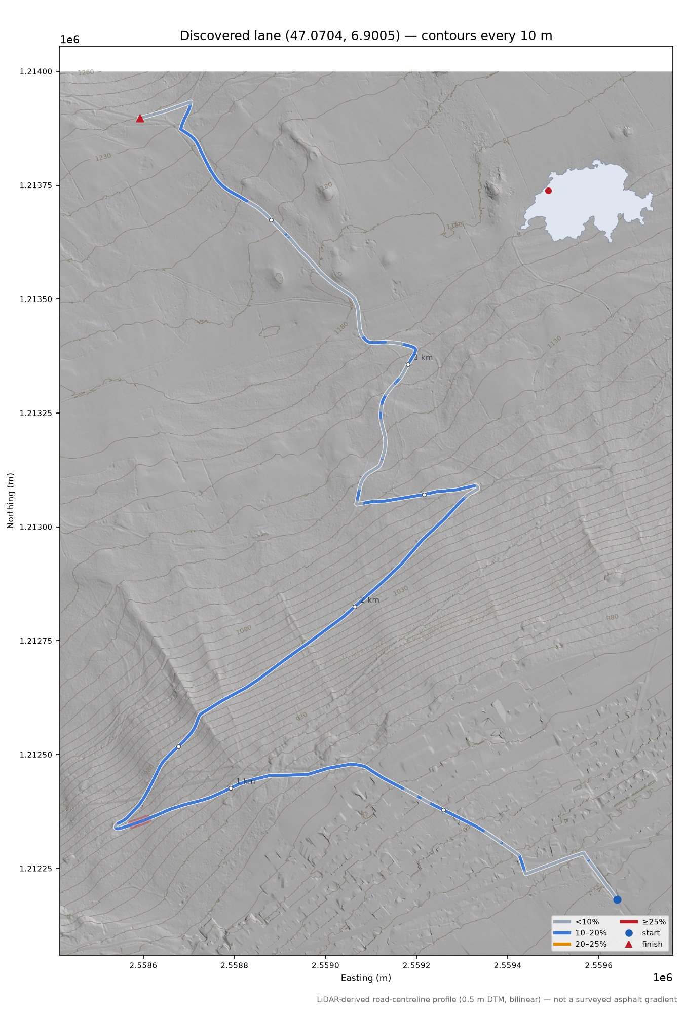 Discovered lane (47.0704, 6.9005) LiDAR hillshade map with contours