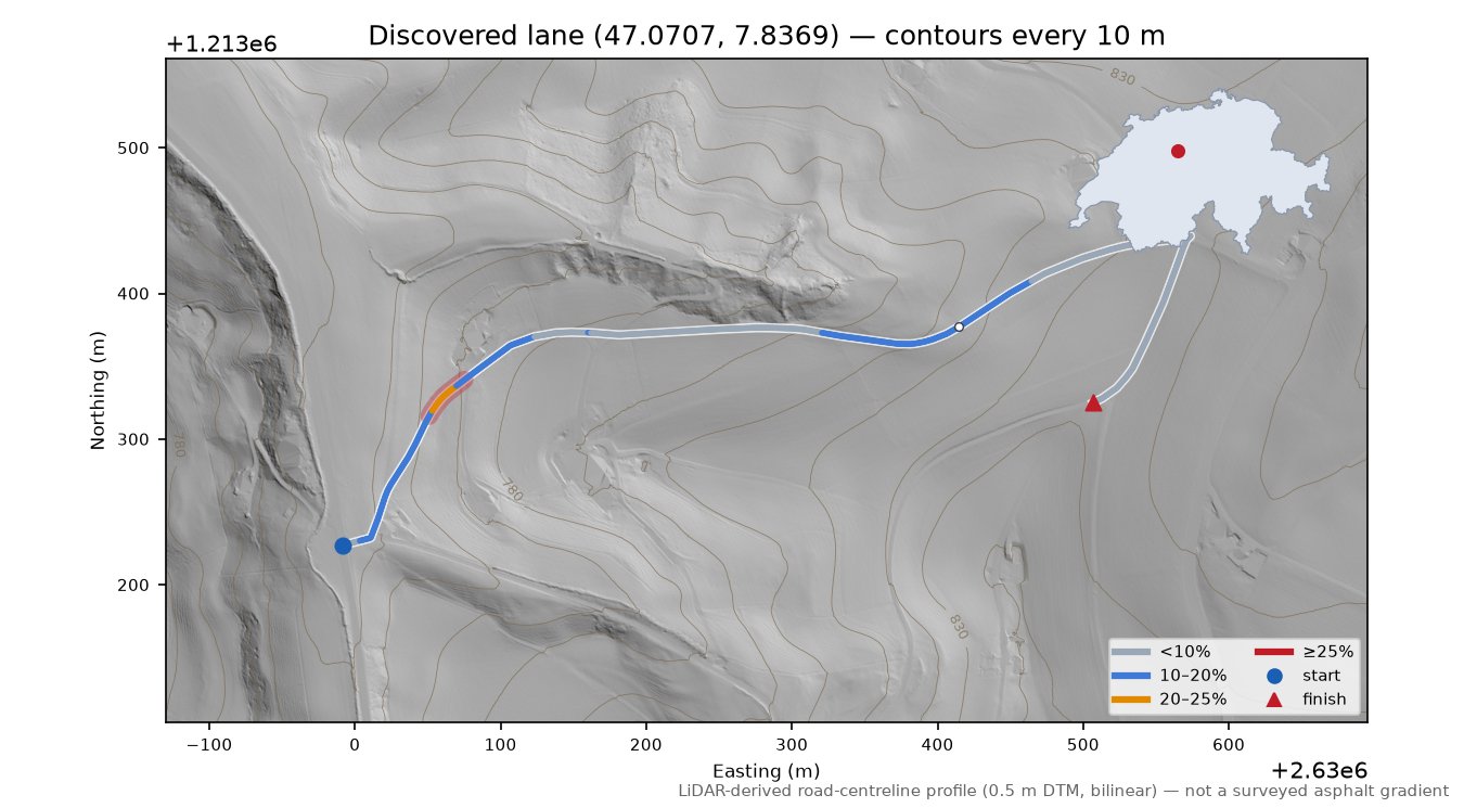 Discovered lane (47.0707, 7.8369) LiDAR hillshade map with contours