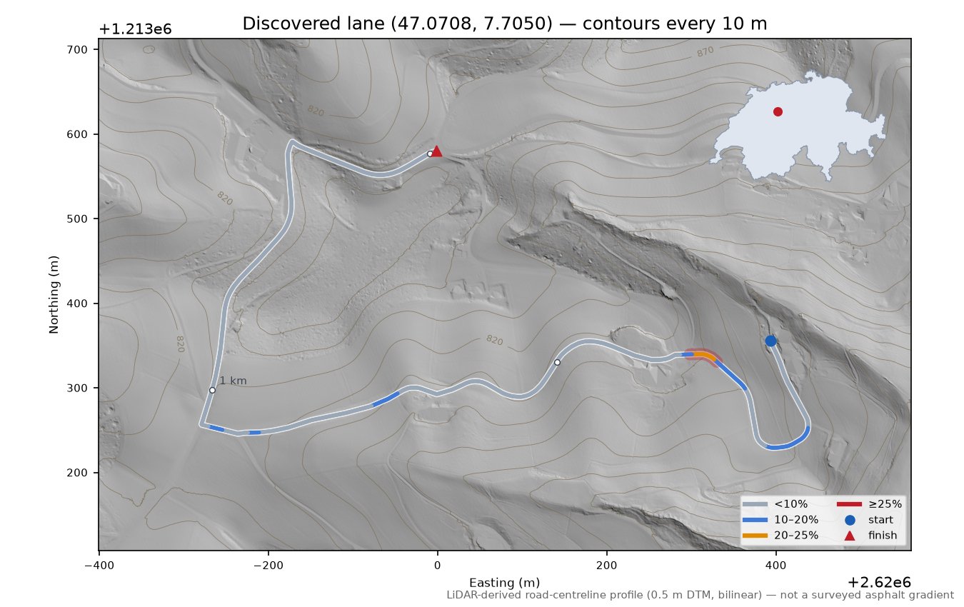 Discovered lane (47.0708, 7.7050) LiDAR hillshade map with contours