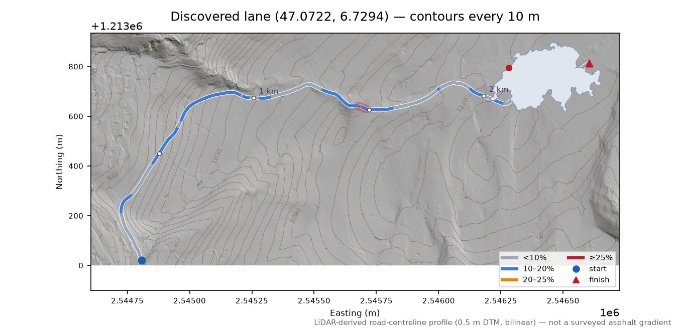 Discovered lane (47.0722, 6.7294) LiDAR hillshade map with contours