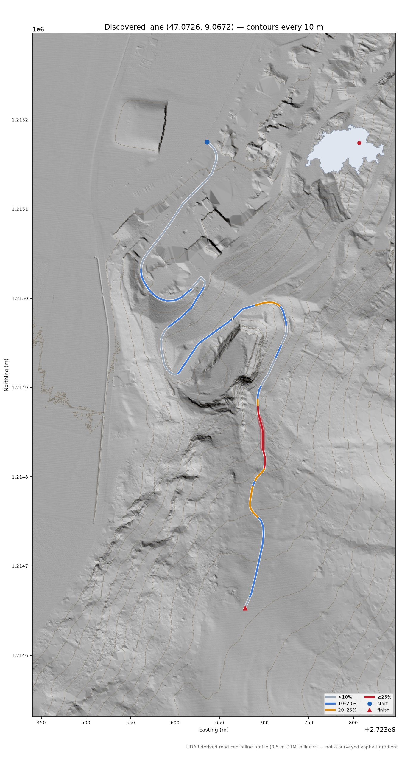 Discovered lane (47.0726, 9.0672) LiDAR hillshade map with contours