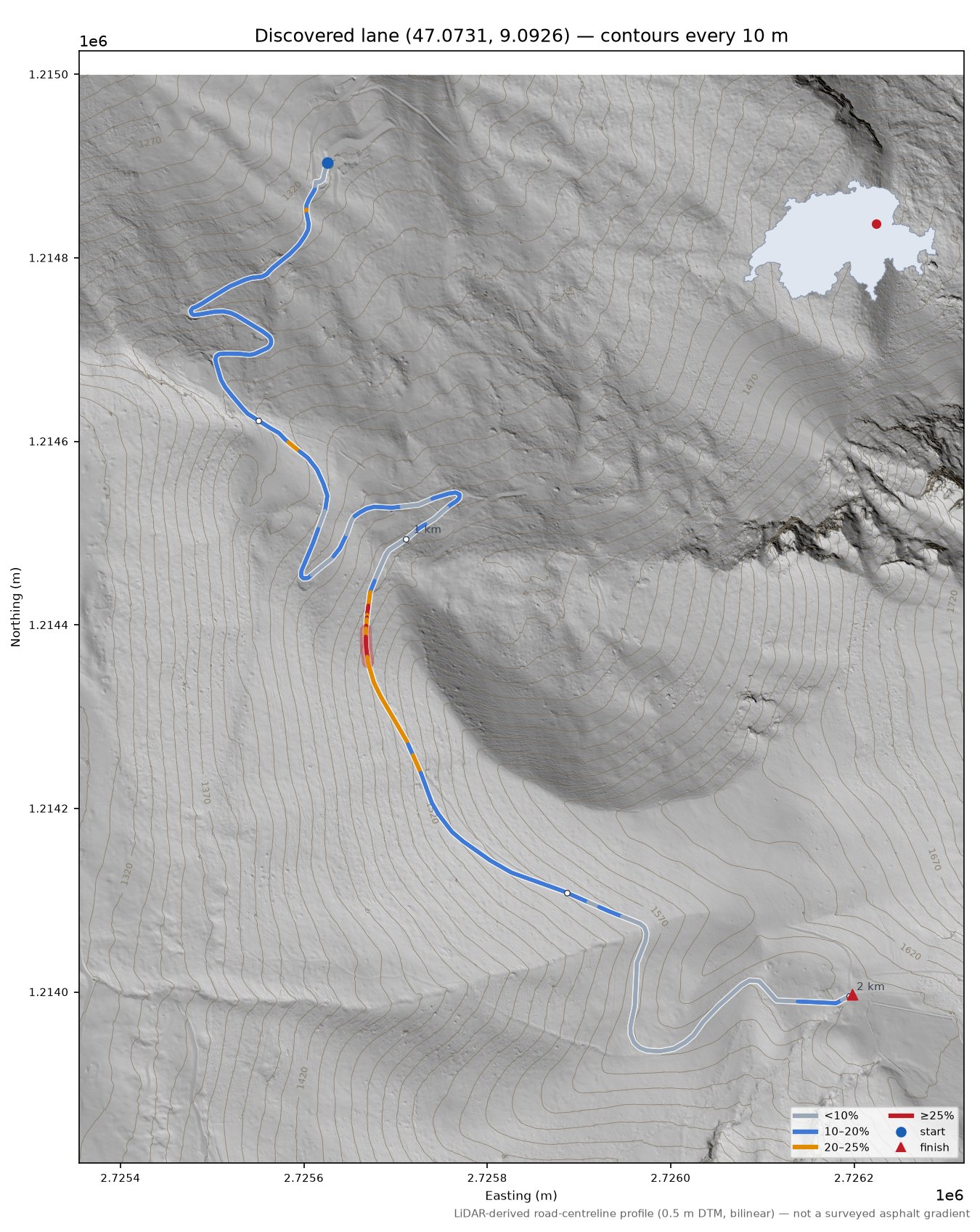 Discovered lane (47.0731, 9.0926) LiDAR hillshade map with contours