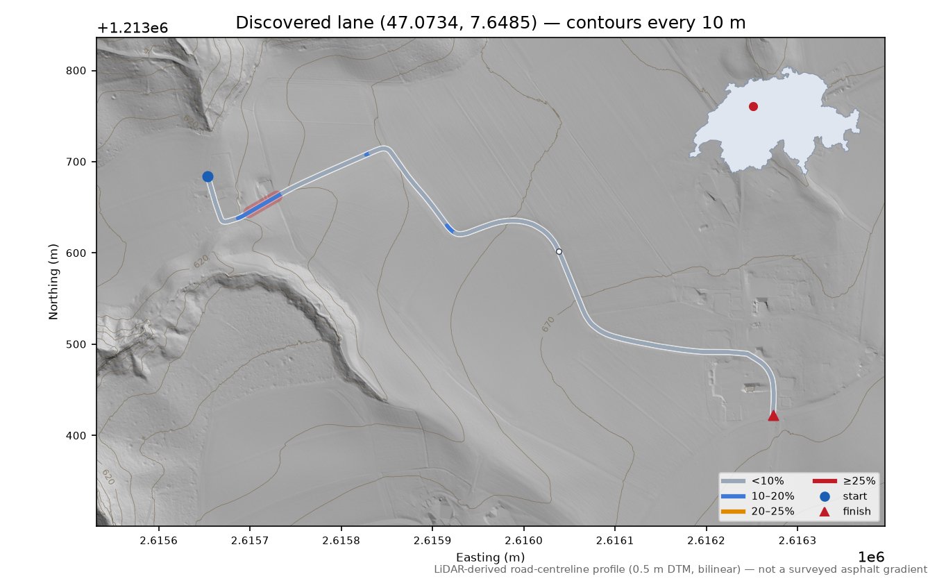 Discovered lane (47.0734, 7.6485) LiDAR hillshade map with contours