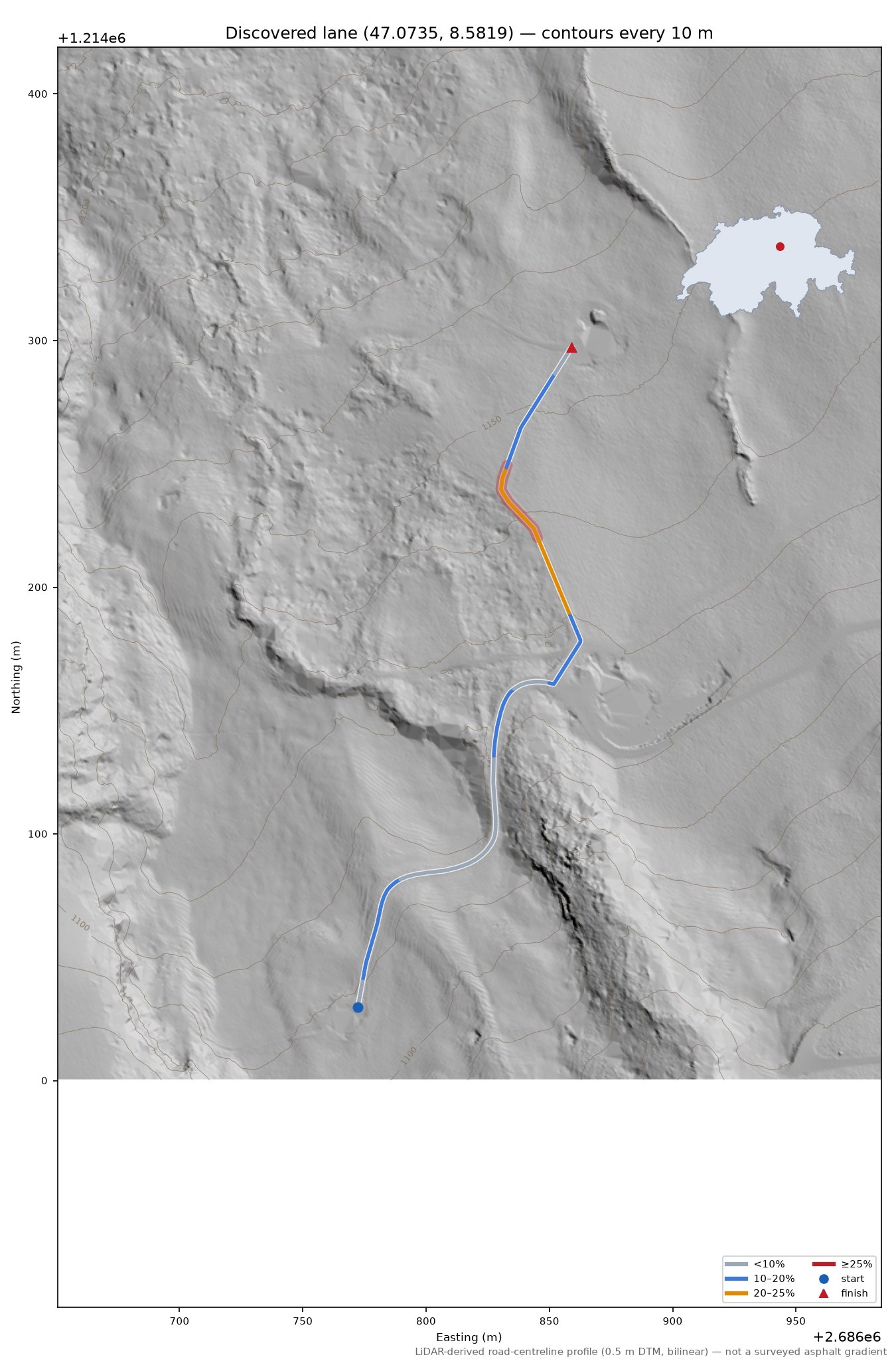 Discovered lane (47.0735, 8.5819) LiDAR hillshade map with contours