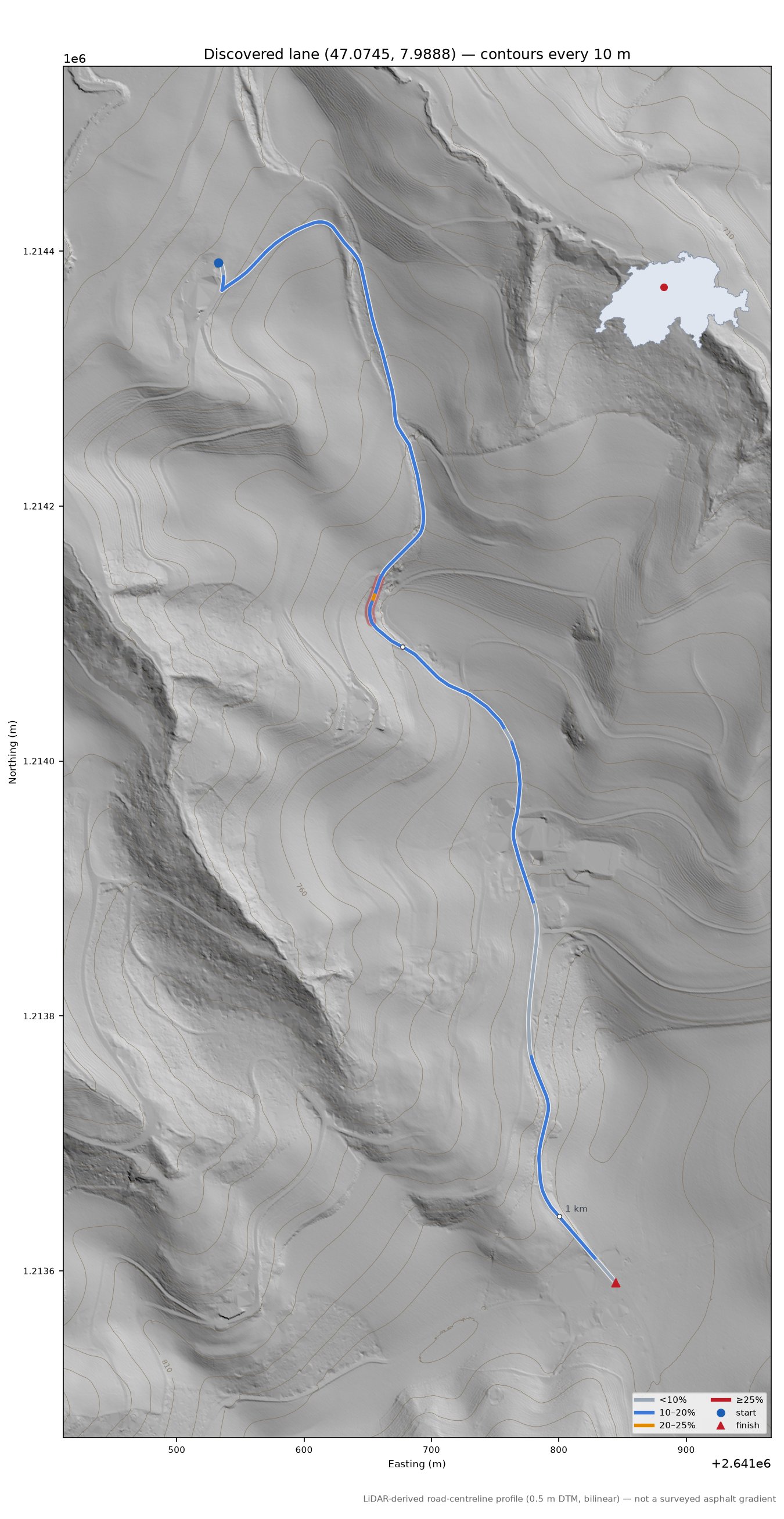 Discovered lane (47.0745, 7.9888) LiDAR hillshade map with contours