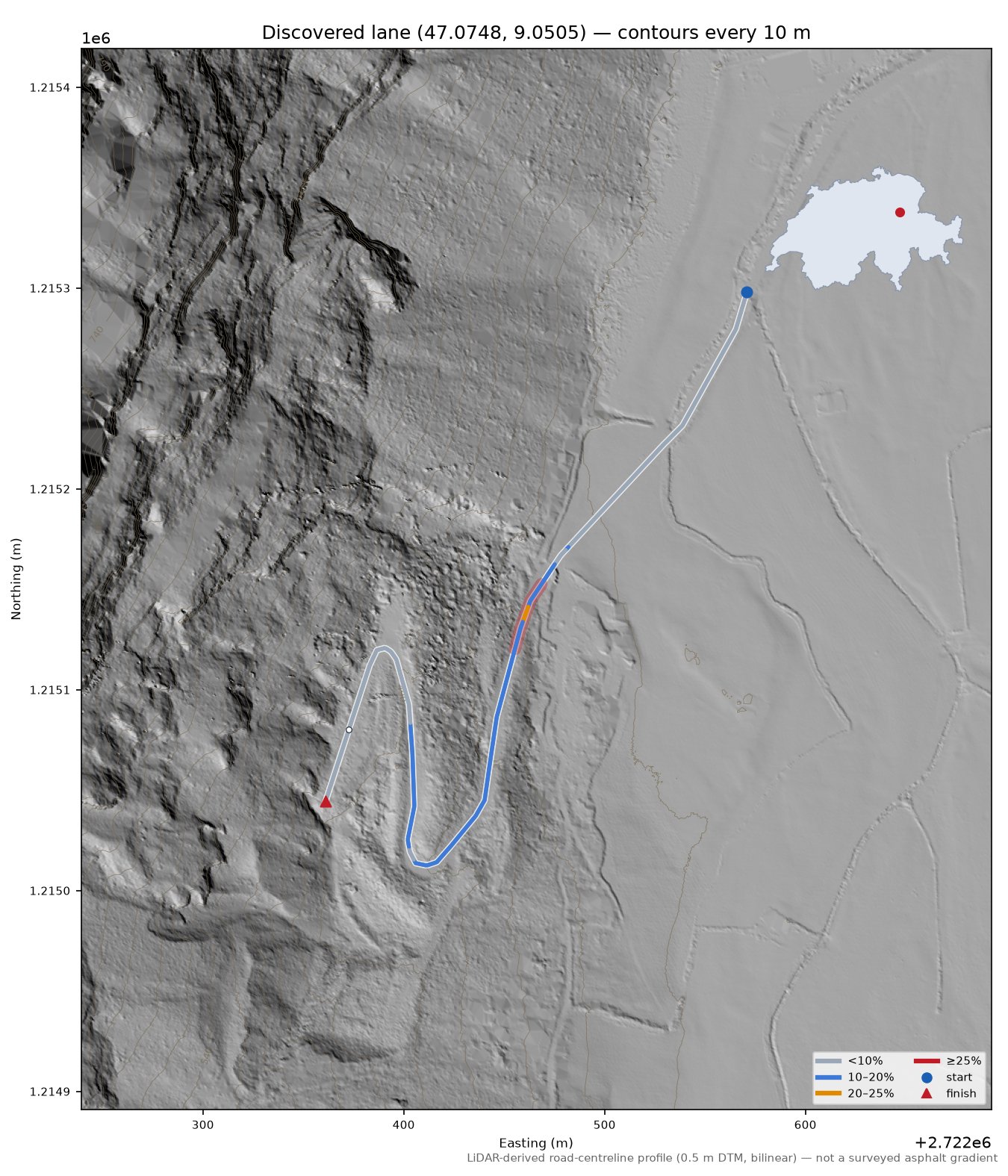 Discovered lane (47.0748, 9.0505) LiDAR hillshade map with contours