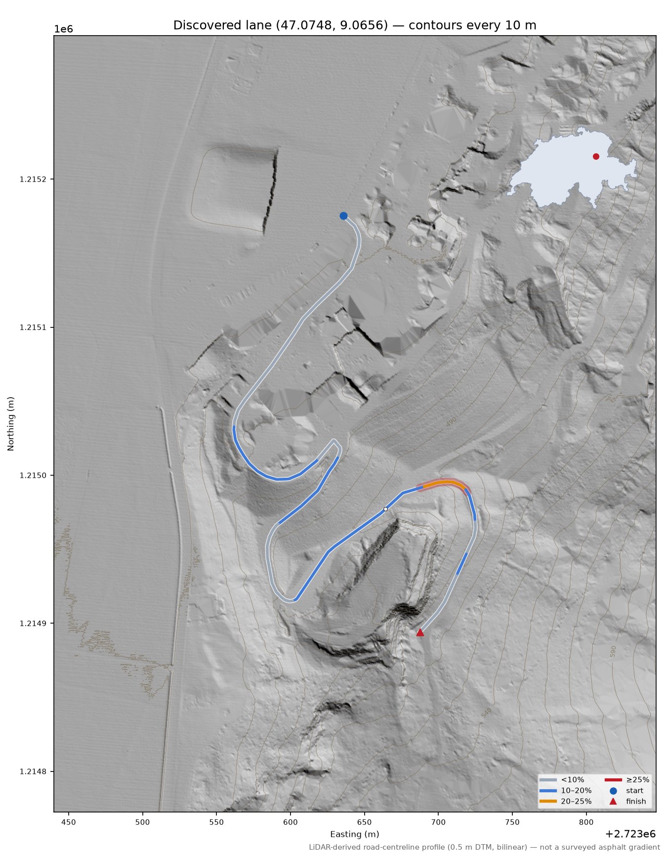 Discovered lane (47.0748, 9.0656) LiDAR hillshade map with contours