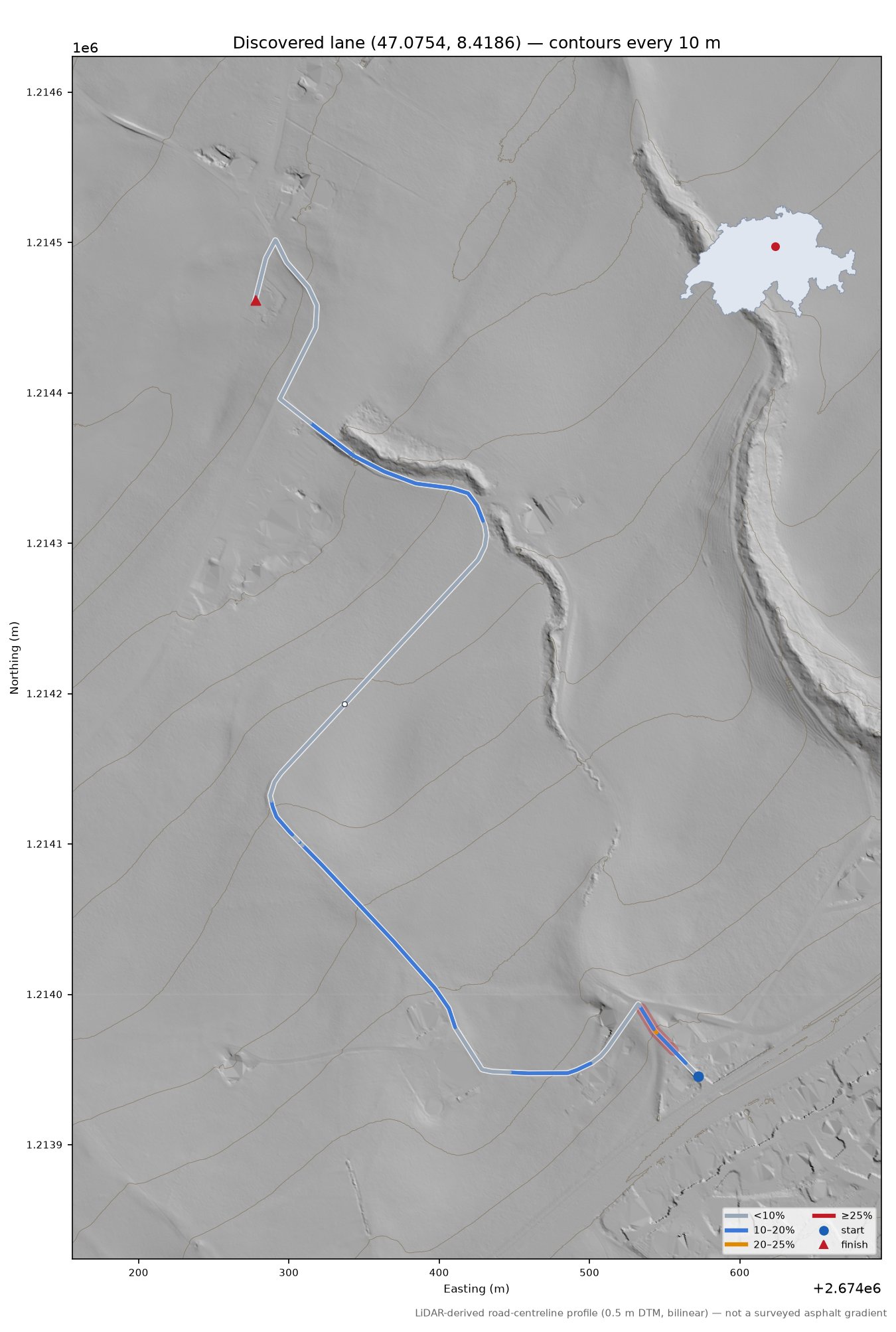 Discovered lane (47.0754, 8.4186) LiDAR hillshade map with contours