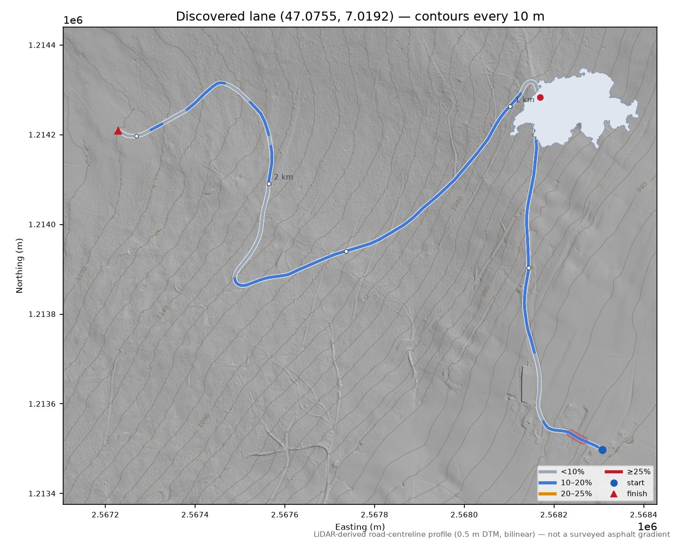 Discovered lane (47.0755, 7.0192) LiDAR hillshade map with contours