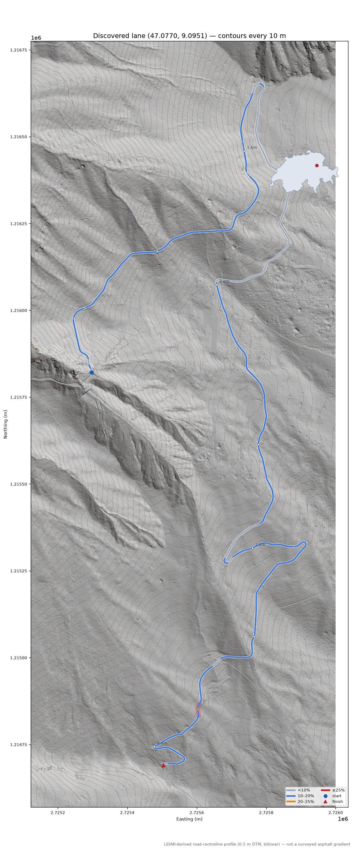 Discovered lane (47.0770, 9.0951) LiDAR hillshade map with contours