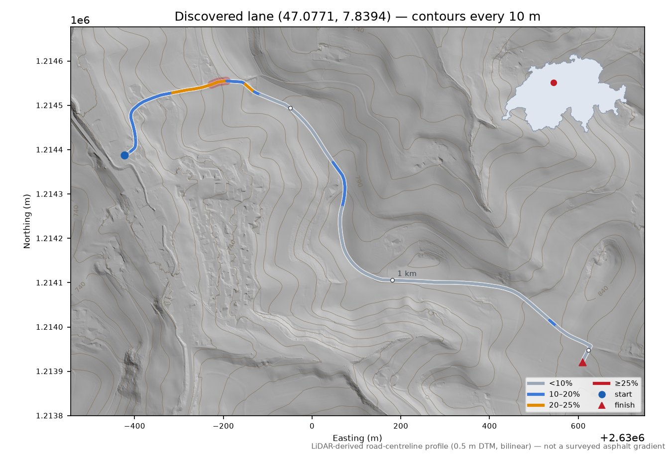 Discovered lane (47.0771, 7.8394) LiDAR hillshade map with contours