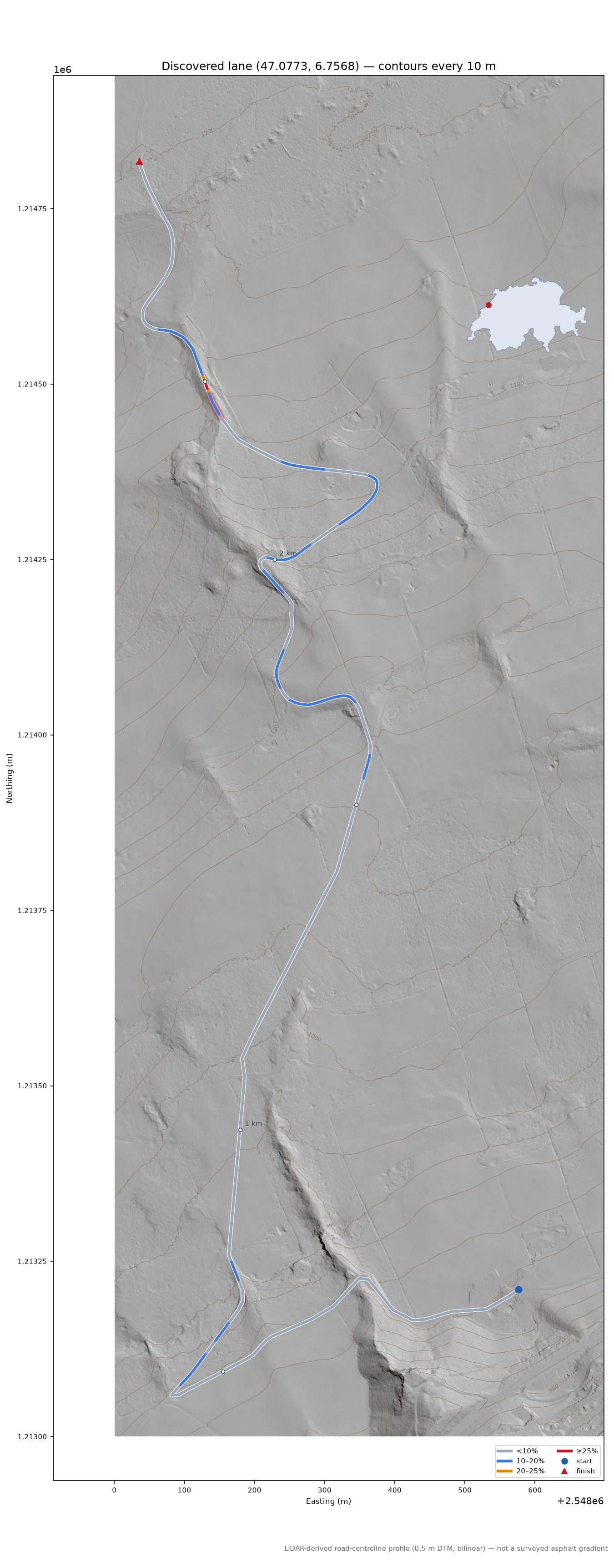 Discovered lane (47.0773, 6.7568) LiDAR hillshade map with contours