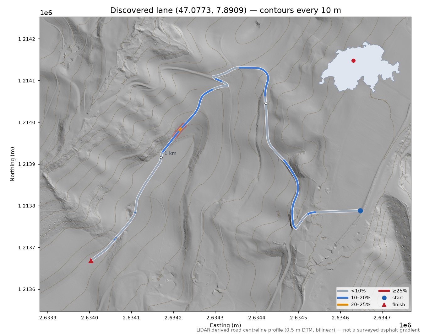 Discovered lane (47.0773, 7.8909) LiDAR hillshade map with contours