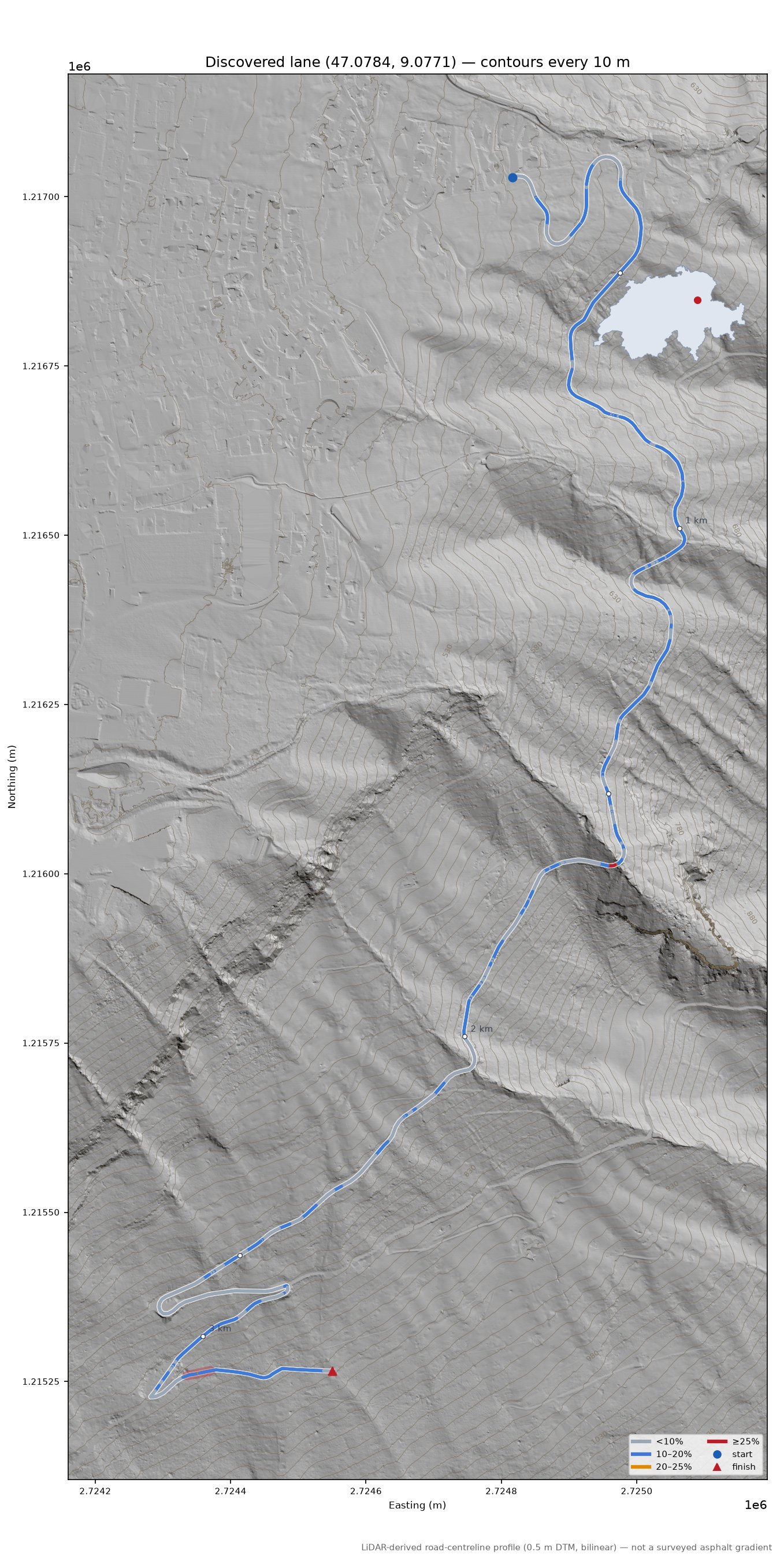 Discovered lane (47.0784, 9.0771) LiDAR hillshade map with contours