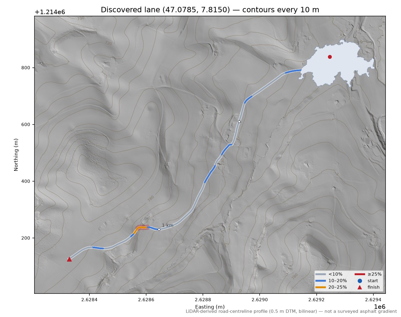Discovered lane (47.0785, 7.8150) LiDAR hillshade map with contours