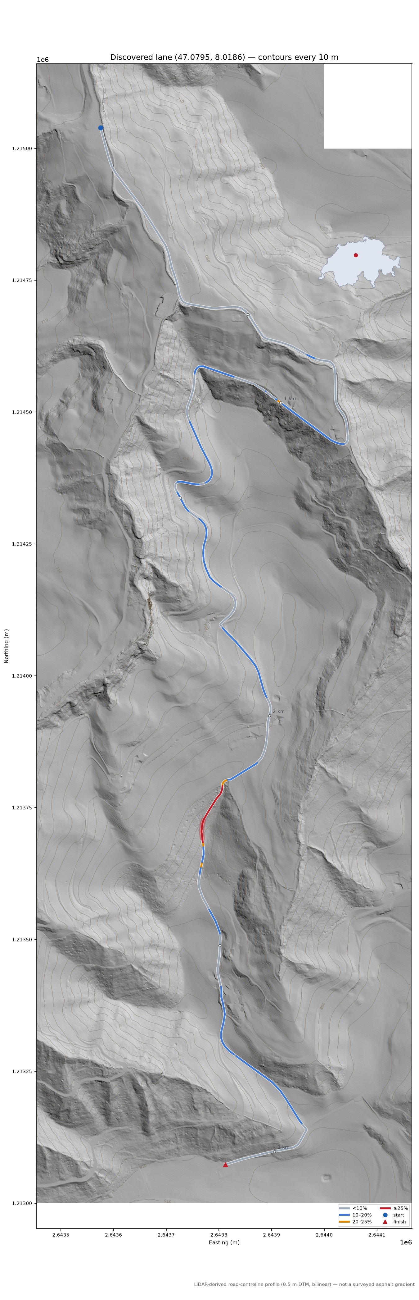 Discovered lane (47.0795, 8.0186) LiDAR hillshade map with contours