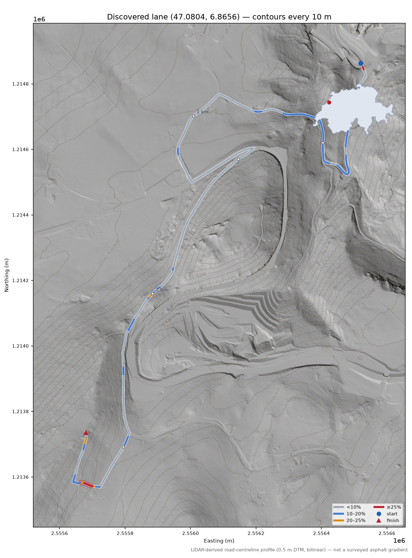 Discovered lane (47.0804, 6.8656) LiDAR hillshade map with contours