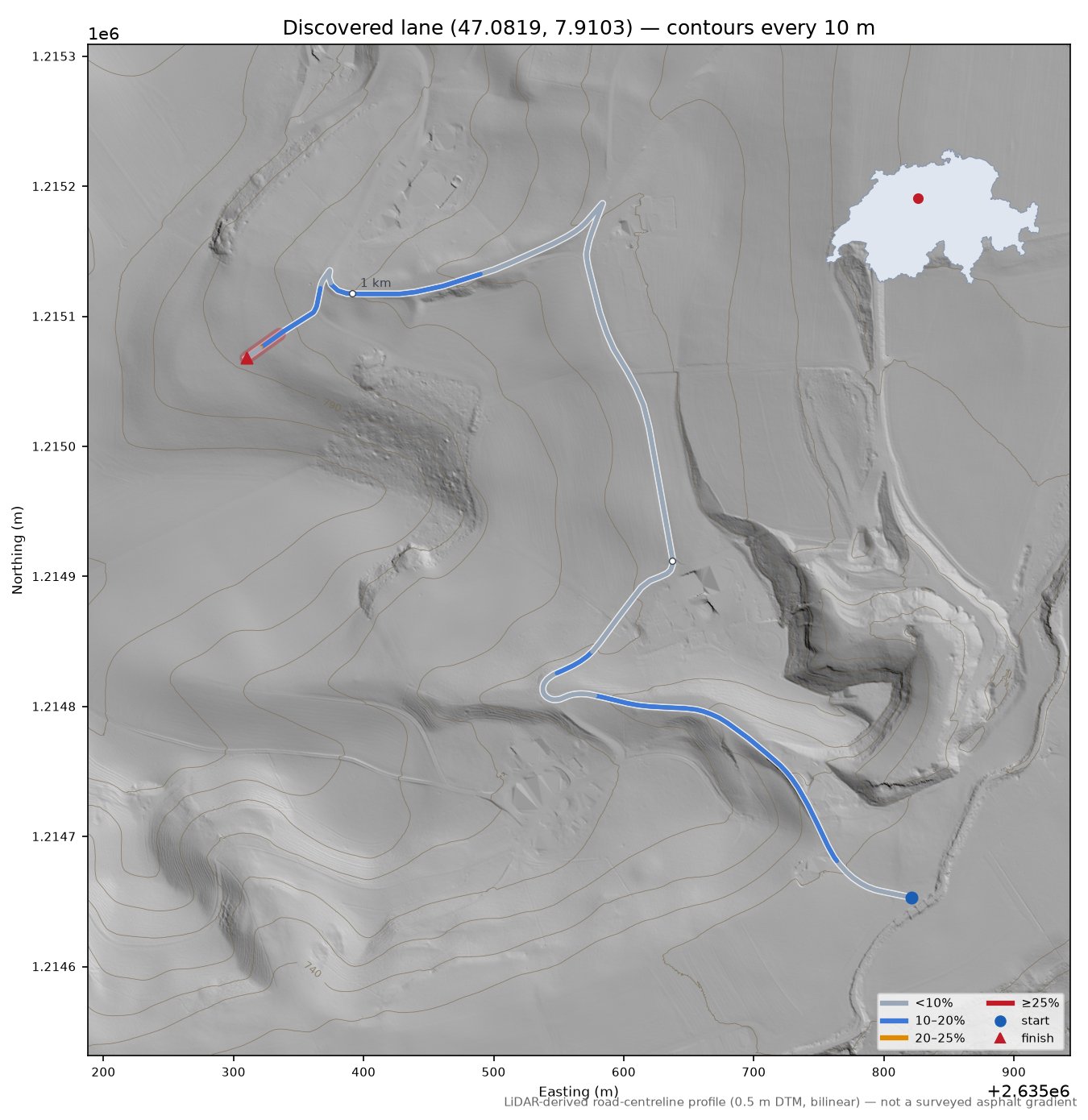 Discovered lane (47.0819, 7.9103) LiDAR hillshade map with contours