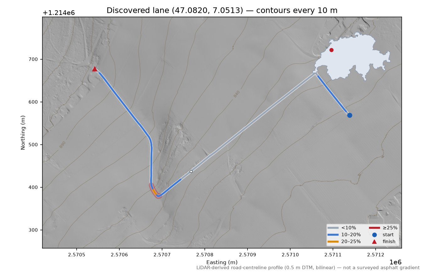 Discovered lane (47.0820, 7.0513) LiDAR hillshade map with contours