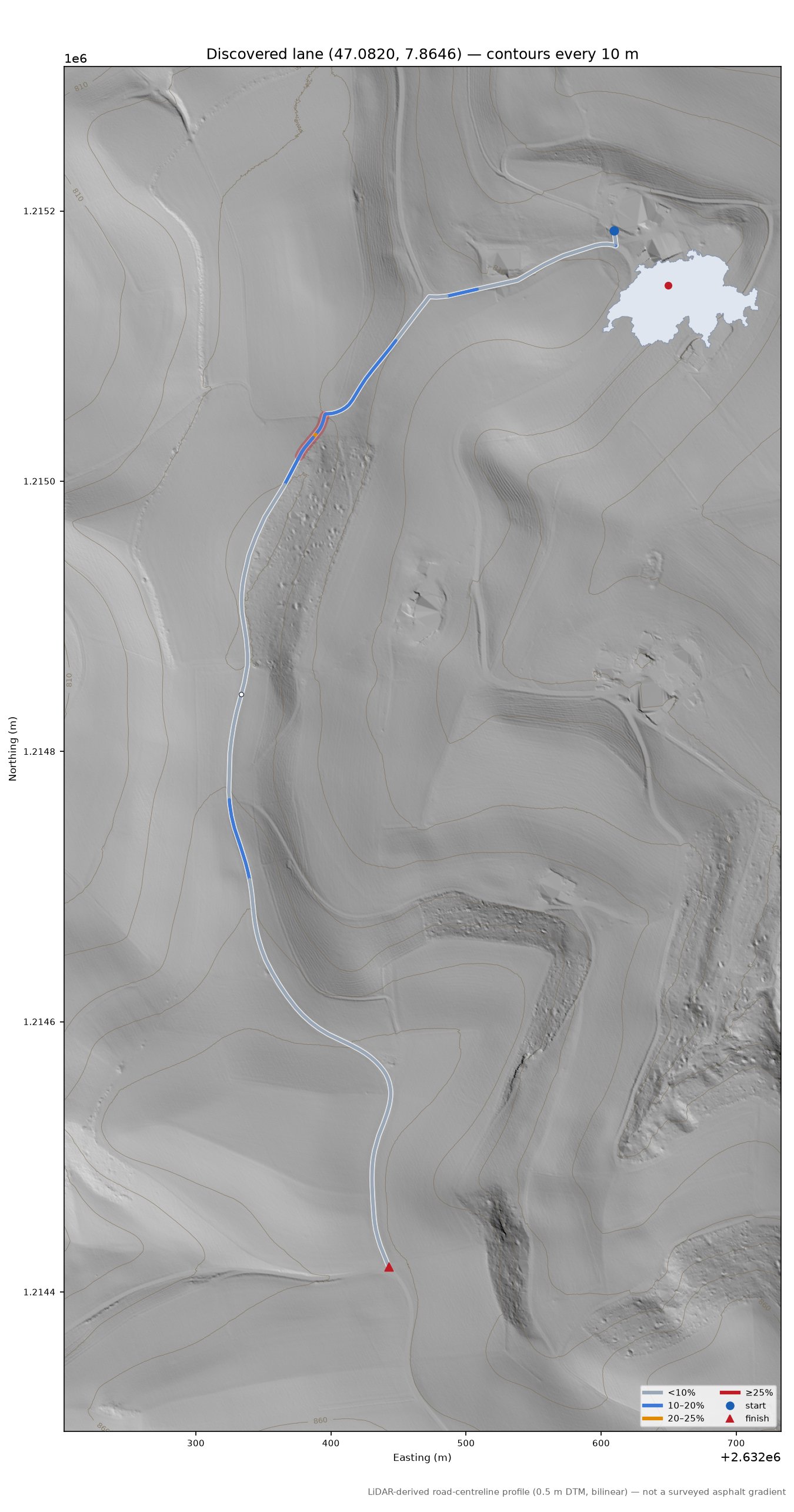 Discovered lane (47.0820, 7.8646) LiDAR hillshade map with contours